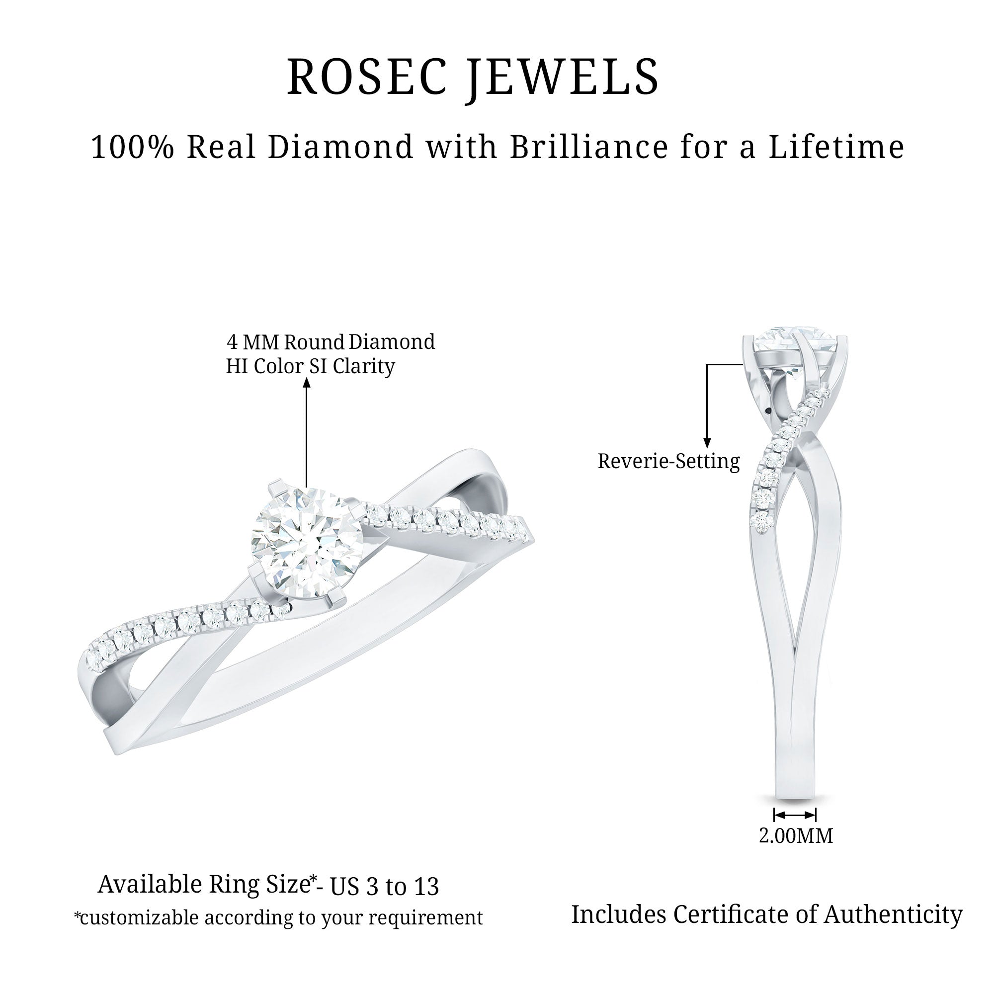 Rosec Jewels-Minimal Diamond Engagement Ring with Crossover Shank