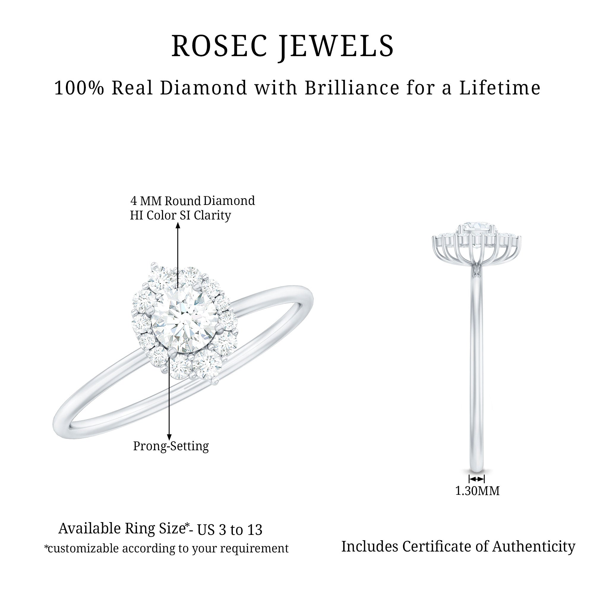 Rosec Jewels-Minimal Real Diamond Engagement Ring with Halo