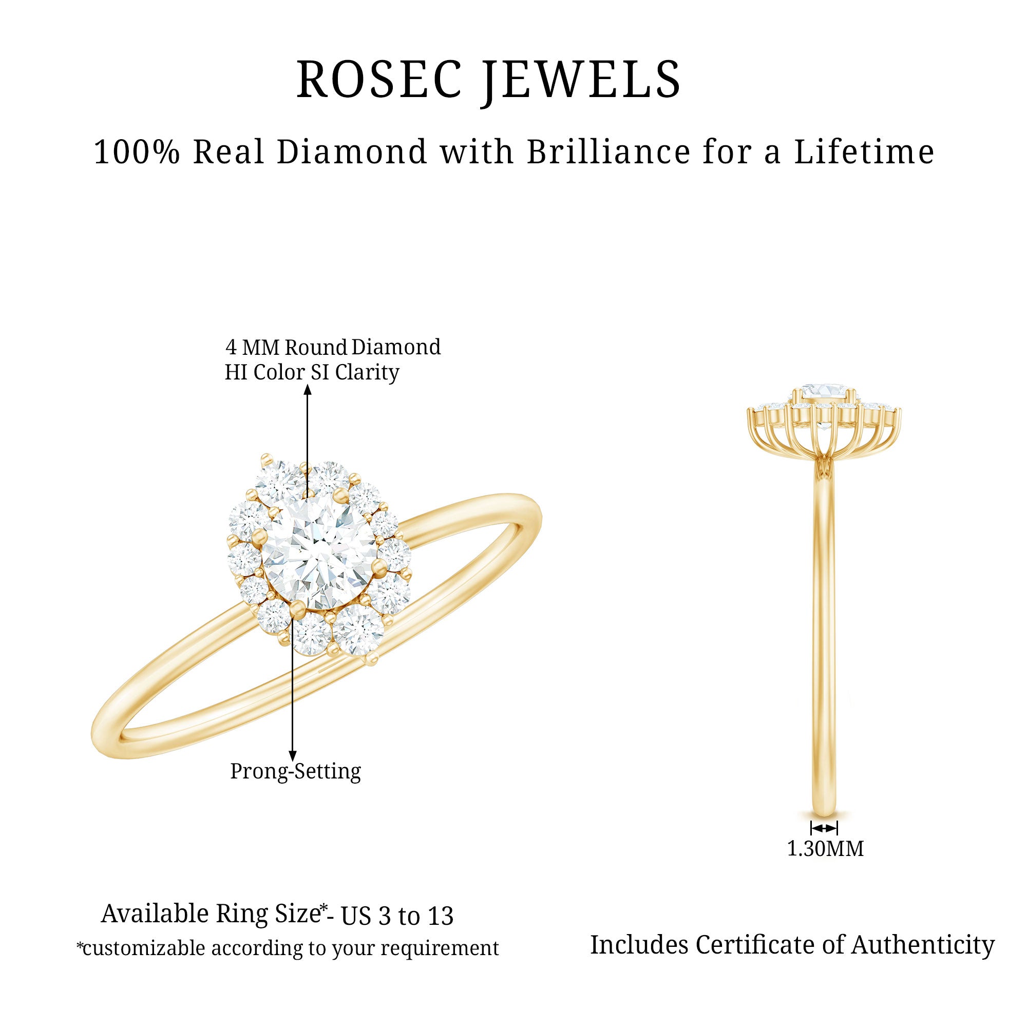 Rosec Jewels-Minimal Real Diamond Engagement Ring with Halo