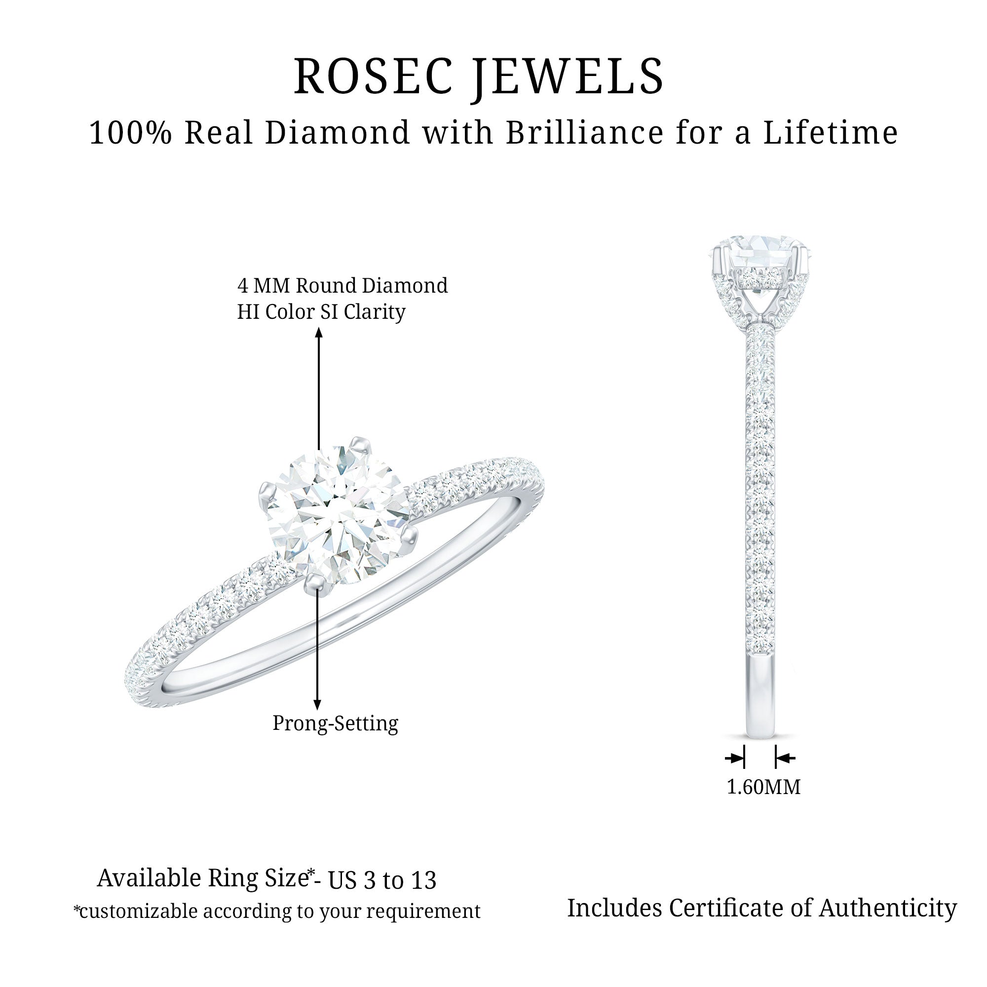 Minimalist Diamond Classic Engagement Ring Natural - ( HI-SI ) - Rosec Jewels
