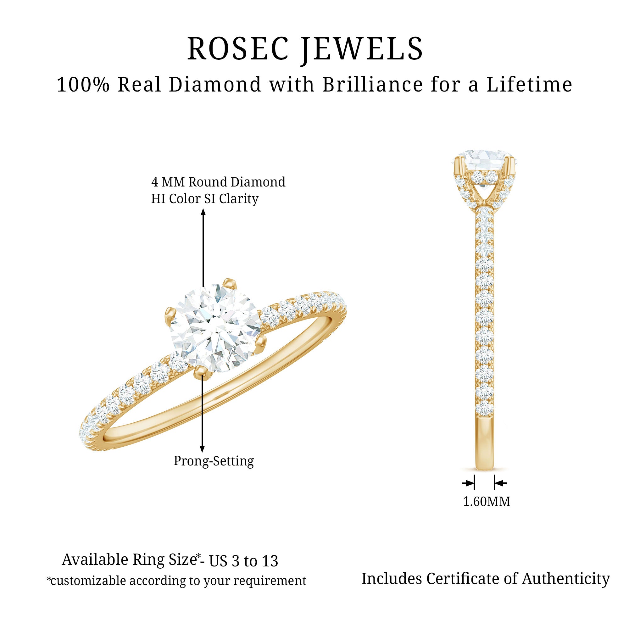Minimalist Diamond Classic Engagement Ring Natural - ( HI-SI ) - Rosec Jewels