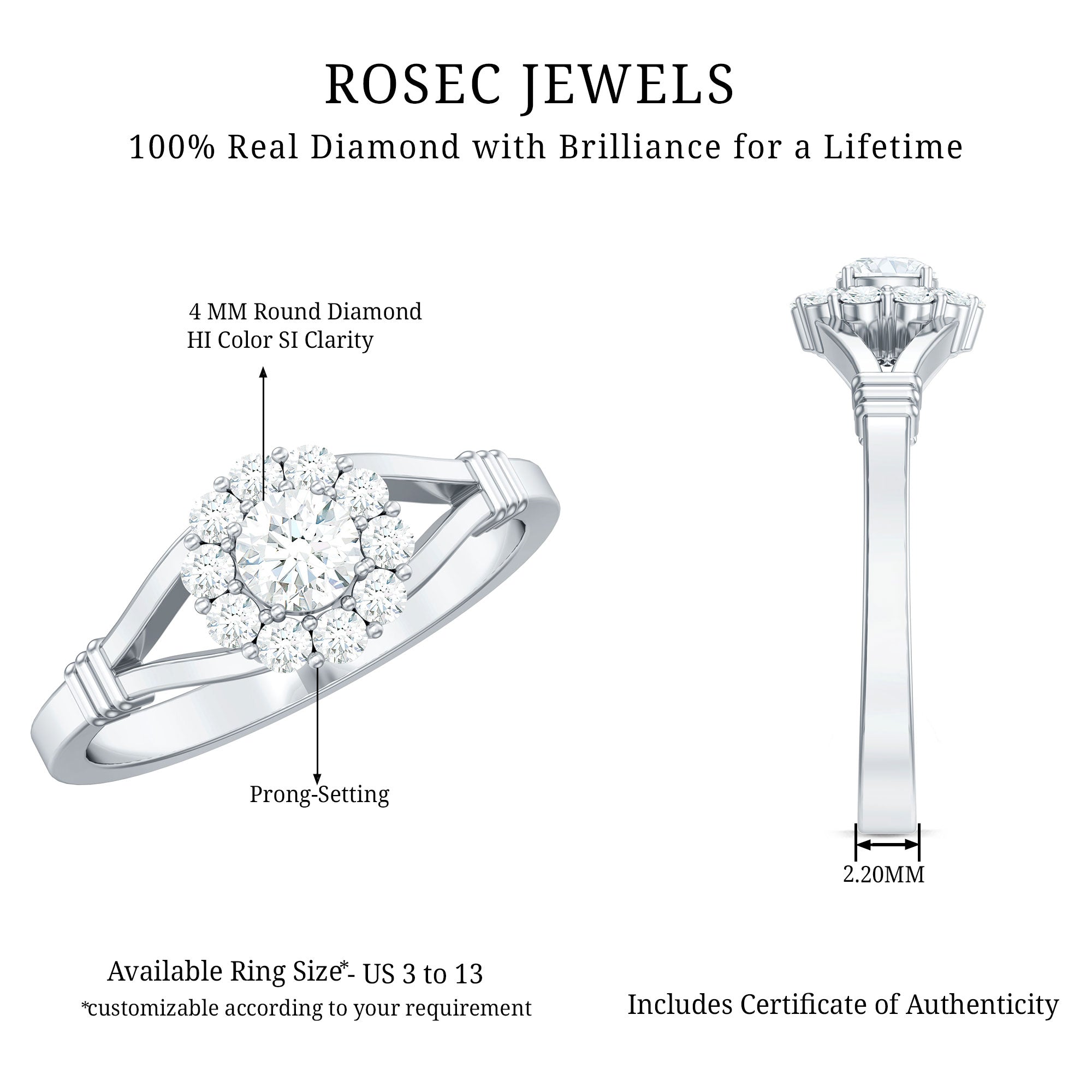 Rosec Jewels-Natural Diamond Halo Engagement Ring with Split Shank