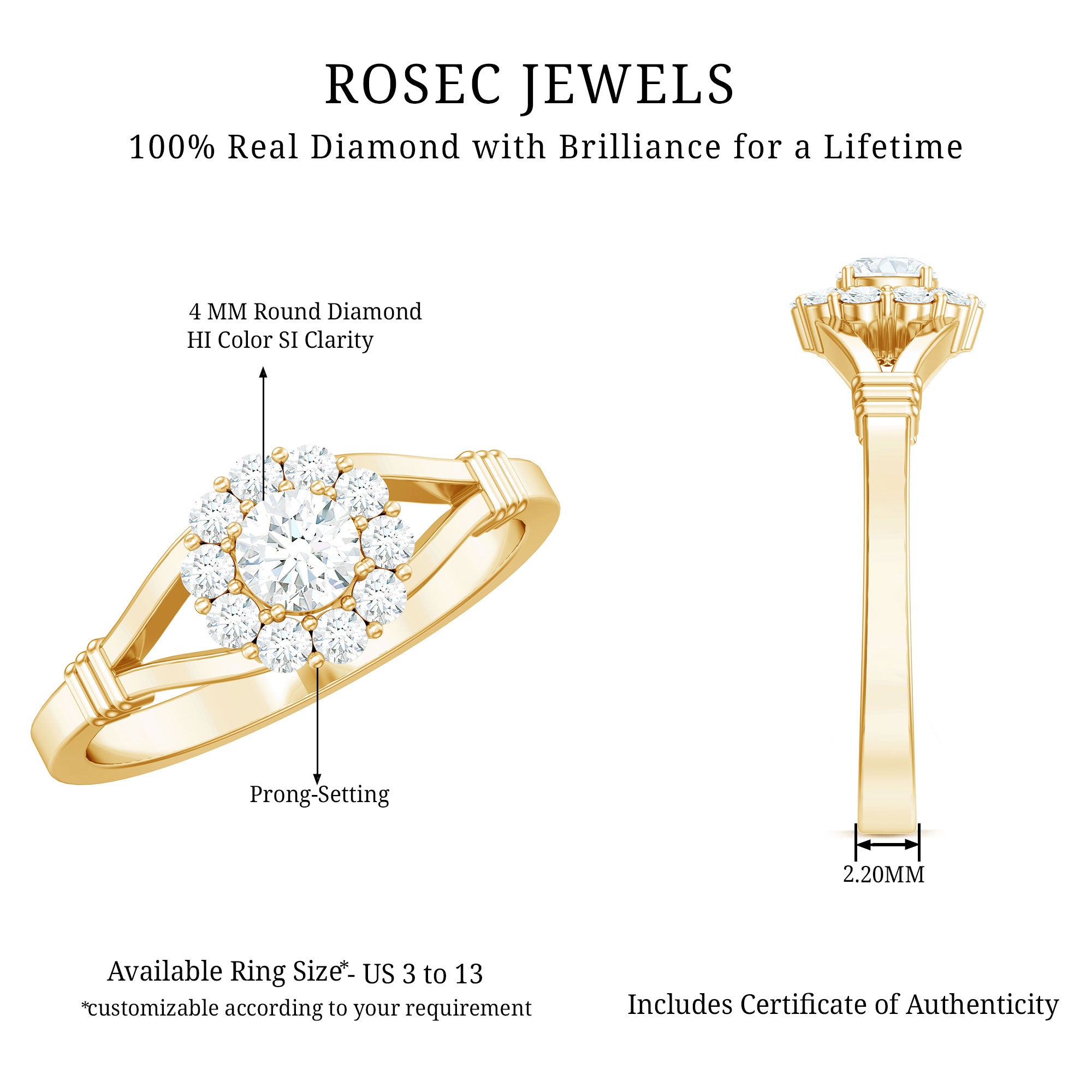 Rosec Jewels-Natural Diamond Halo Engagement Ring with Split Shank