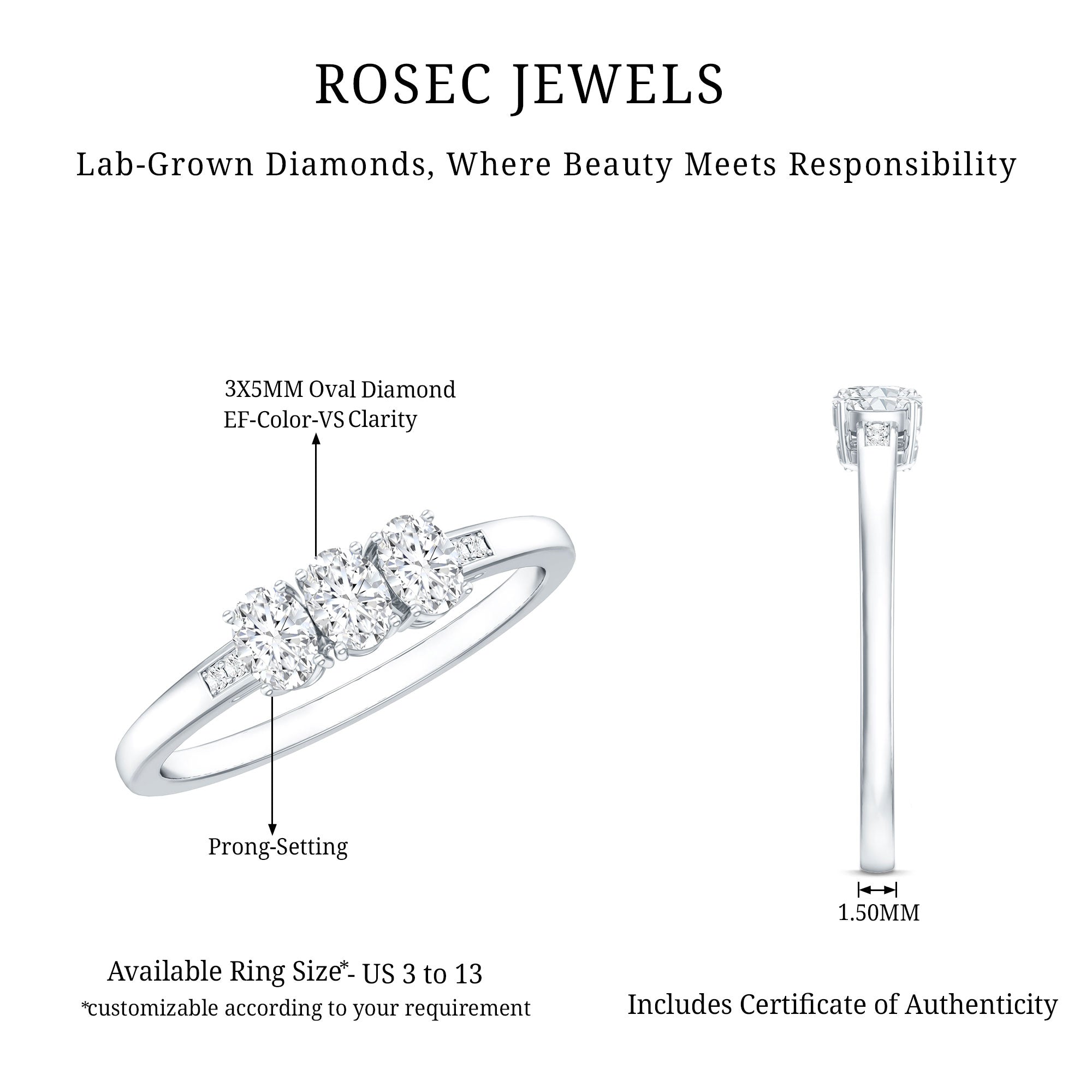 Rosec Jewels-Lab Grown Oval Diamond 3 Stone Engagement Ring