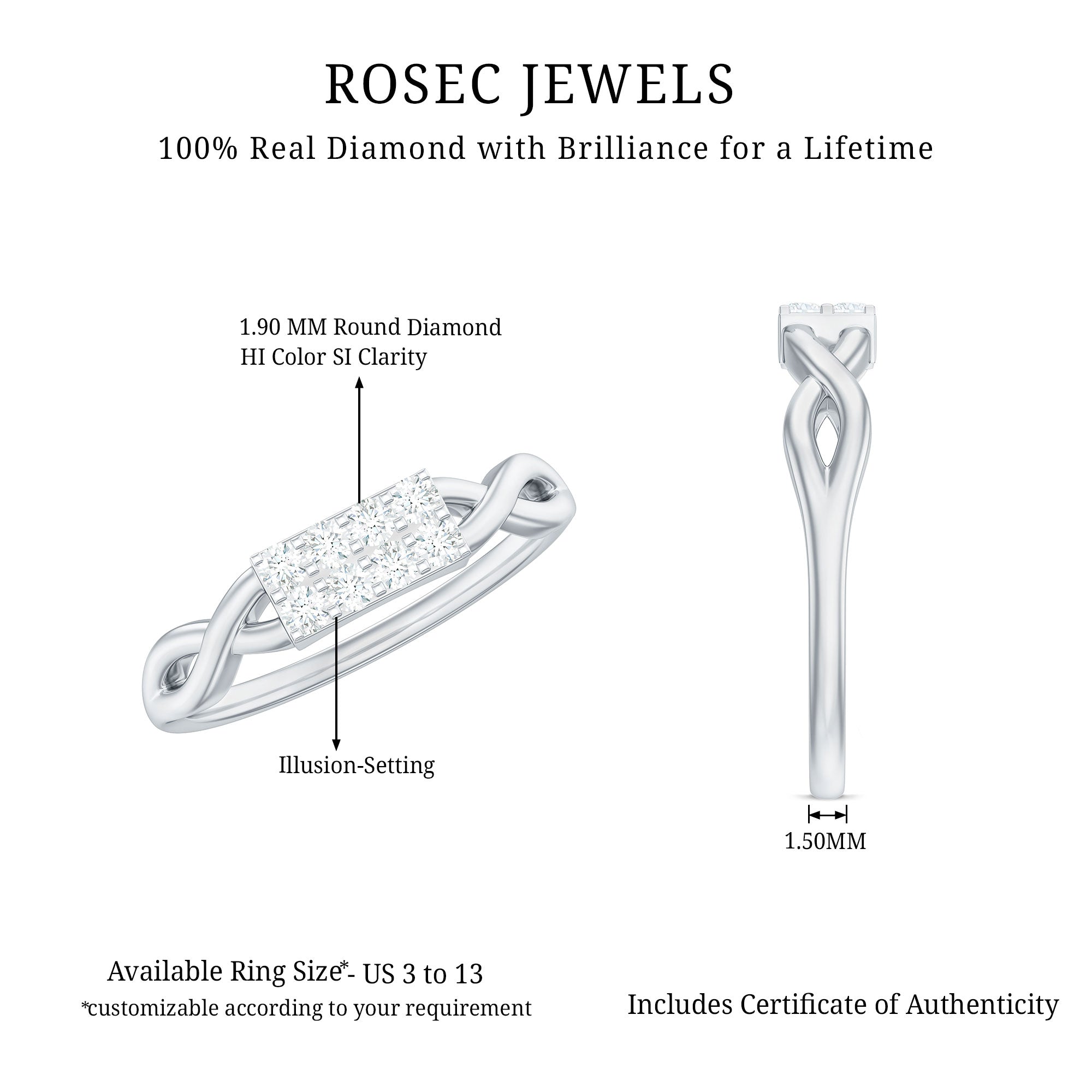 Contemporary Diamond Engagement Ring with Infinity Shank Natural - ( HI-SI ) - Rosec Jewels