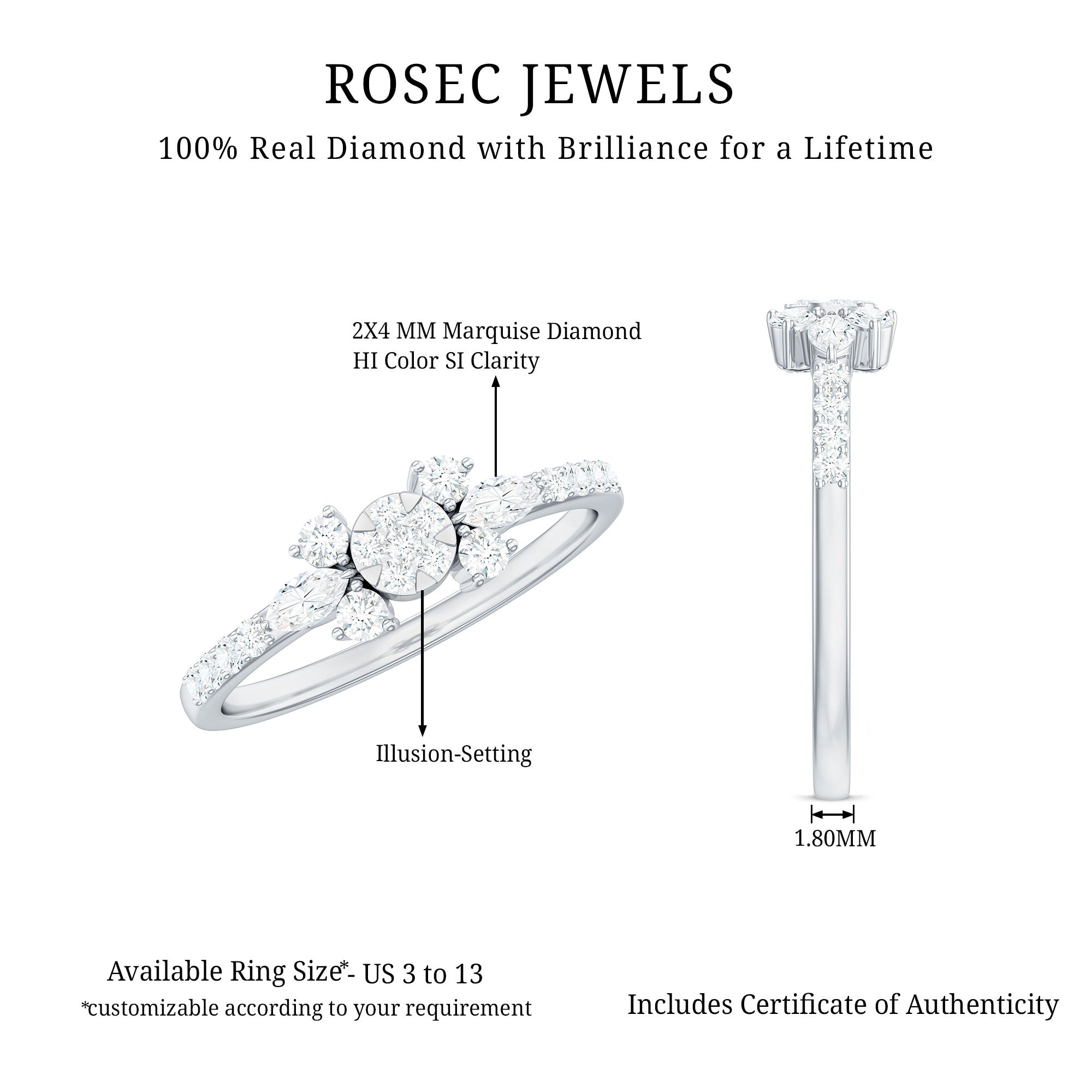 Certified Real Diamond Promise Ring Natural - ( HI-SI ) - Rosec Jewels