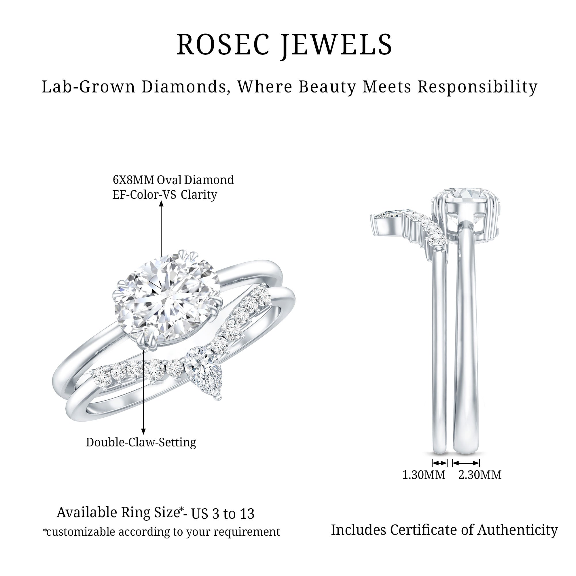 Certified 6X8 MM Oval Lab Grown Diamond Engagement Ring With Enhancer Lab - ( EF-VS ) - Rosec Jewels
