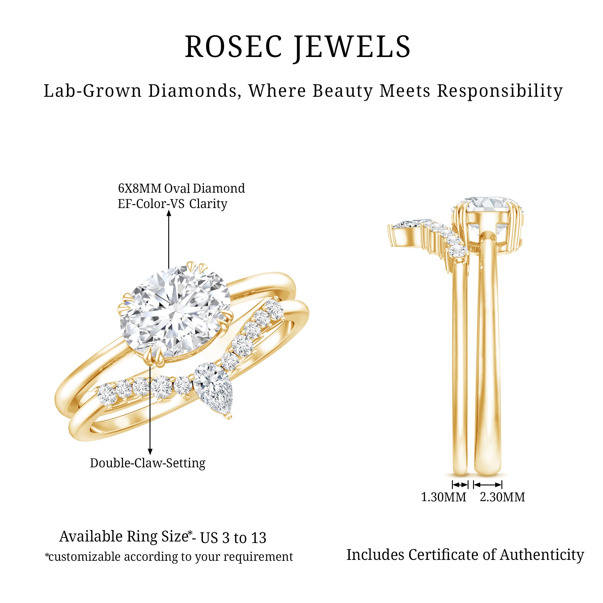 Certified 6X8 MM Oval Lab Grown Diamond Engagement Ring With Enhancer Lab - ( EF-VS ) - Rosec Jewels