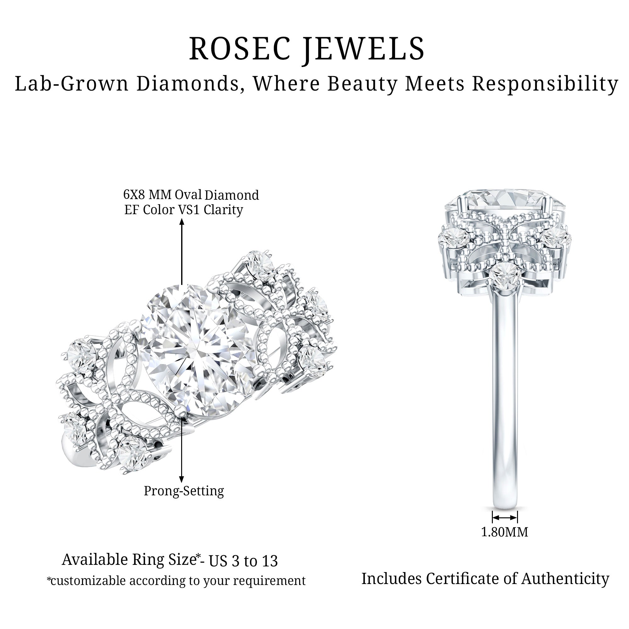 6X8mm Oval Lab Grown Diamond Flower Engagement Ring Lab - ( EF-VS ) - Rosec Jewels