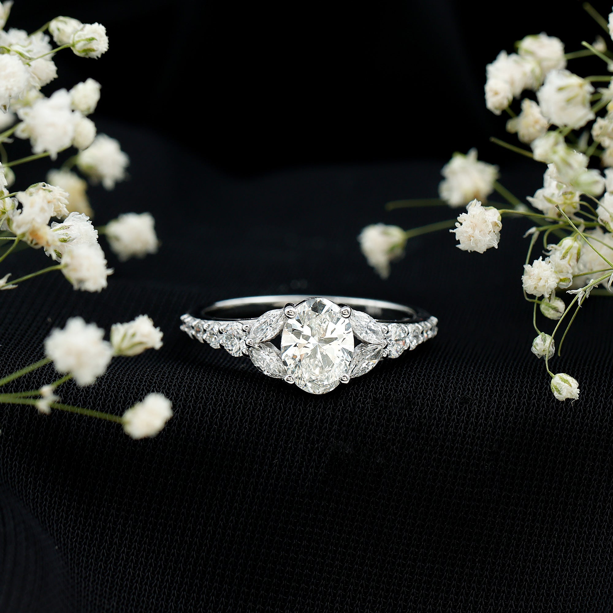 Certified 6X8MM Oval Lab Grown Diamond Engagement Ring With Side Stones Lab - ( EF-VS ) - Rosec Jewels