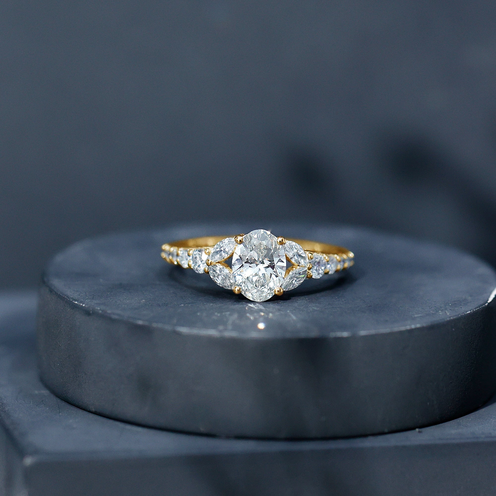 Certified 6X8MM Oval Lab Grown Diamond Engagement Ring With Side Stones Lab - ( EF-VS ) - Rosec Jewels