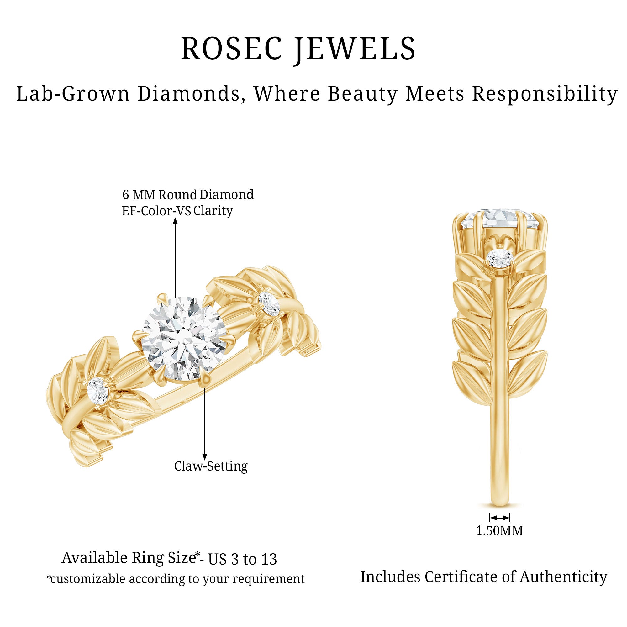 Rosec Jewels-6 MM Lab Grown Diamond Nature Inspired Engagement Ring