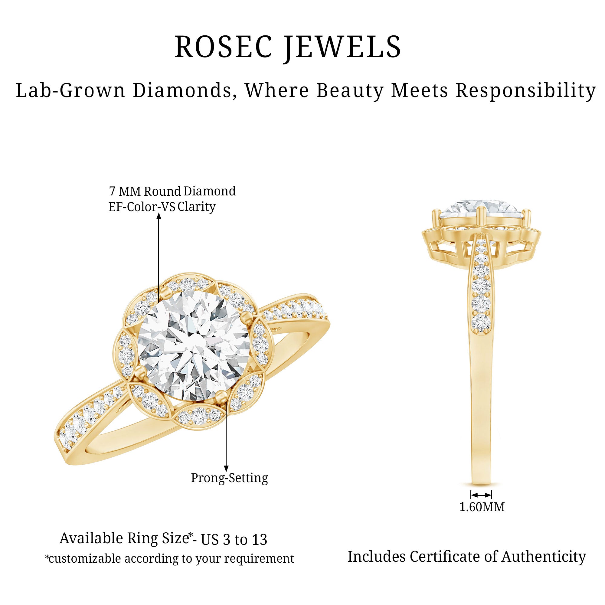 Rosec Jewels-Certified 7 MM Lab Grown Diamond Halo Engagement Ring