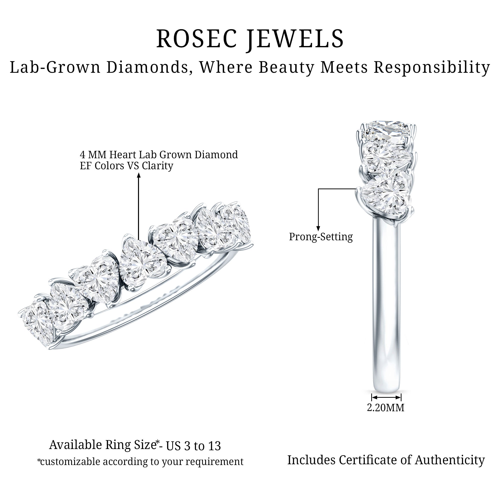 Certified Lab Heart Shaped Diamond Half Eternity Ring Lab - ( EF-VS ) - Rosec Jewels