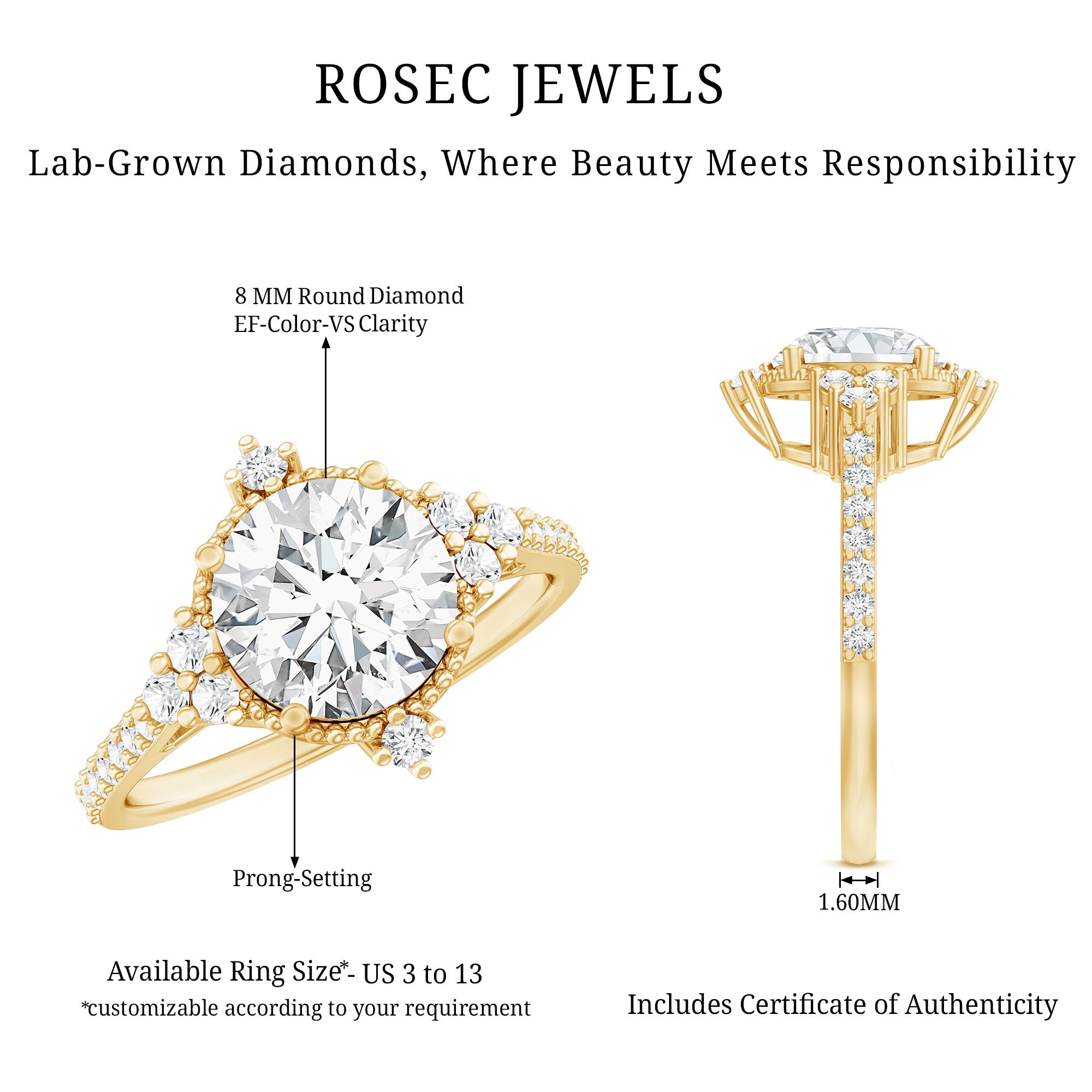 8 mm Lab Grown Diamond Vintage Inspired Engagement Ring Lab - ( EF-VS ) - Rosec Jewels