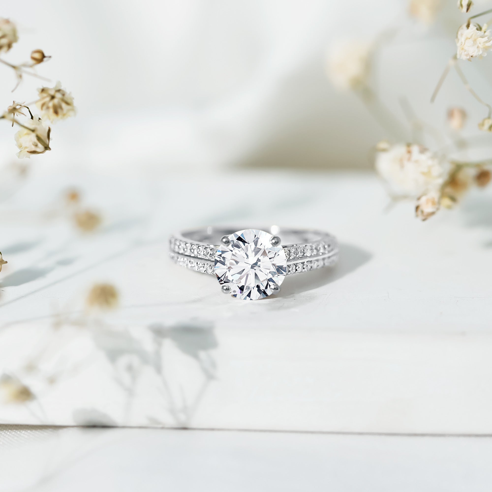Certified Lab Grown Diamond 8 MM Simple Engagement Ring With Side Stones Lab - ( EF-VS ) - Rosec Jewels