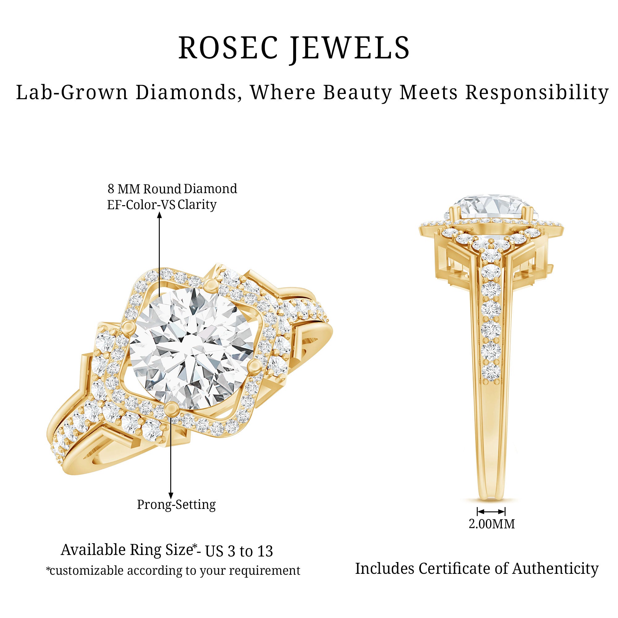 Certified 8 MM Lab Grown Diamond Vintage Style Engagement Ring Lab - ( EF-VS ) - Rosec Jewels