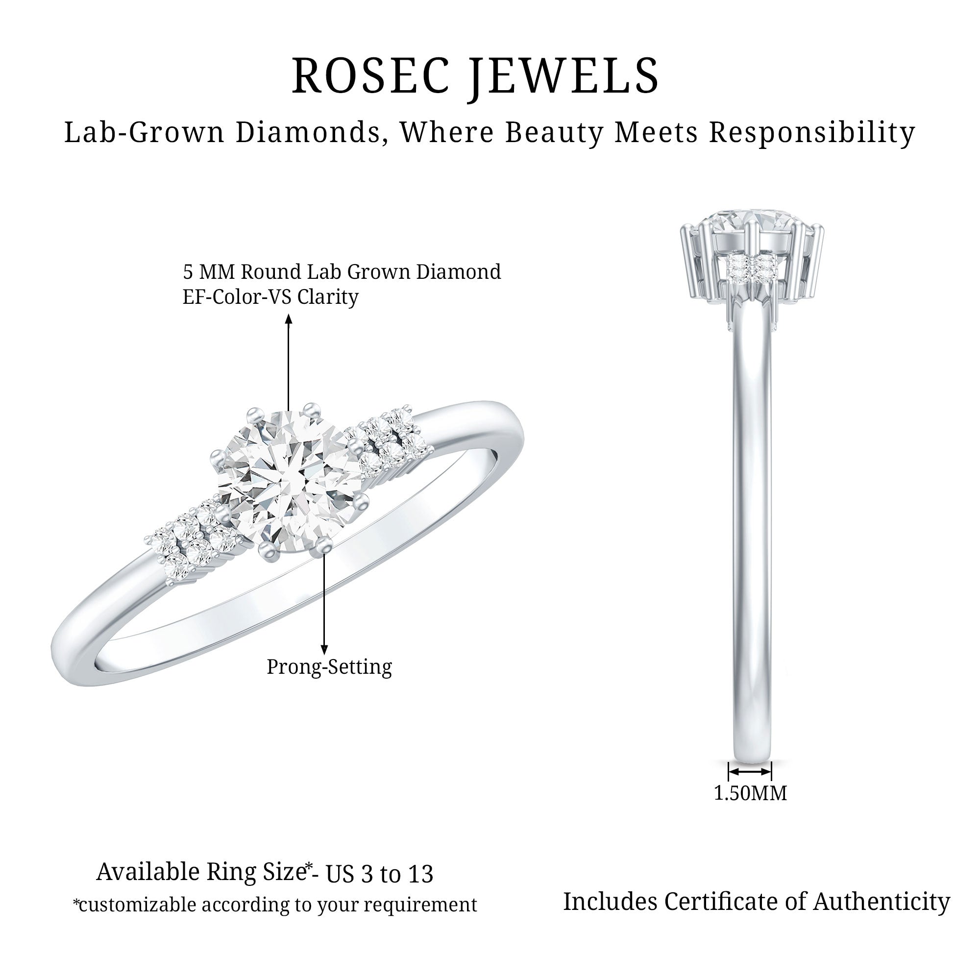 Certified 5 MM Lab Grown Diamond Non Traditional Engagement Ring Lab - ( EF-VS ) - Rosec Jewels