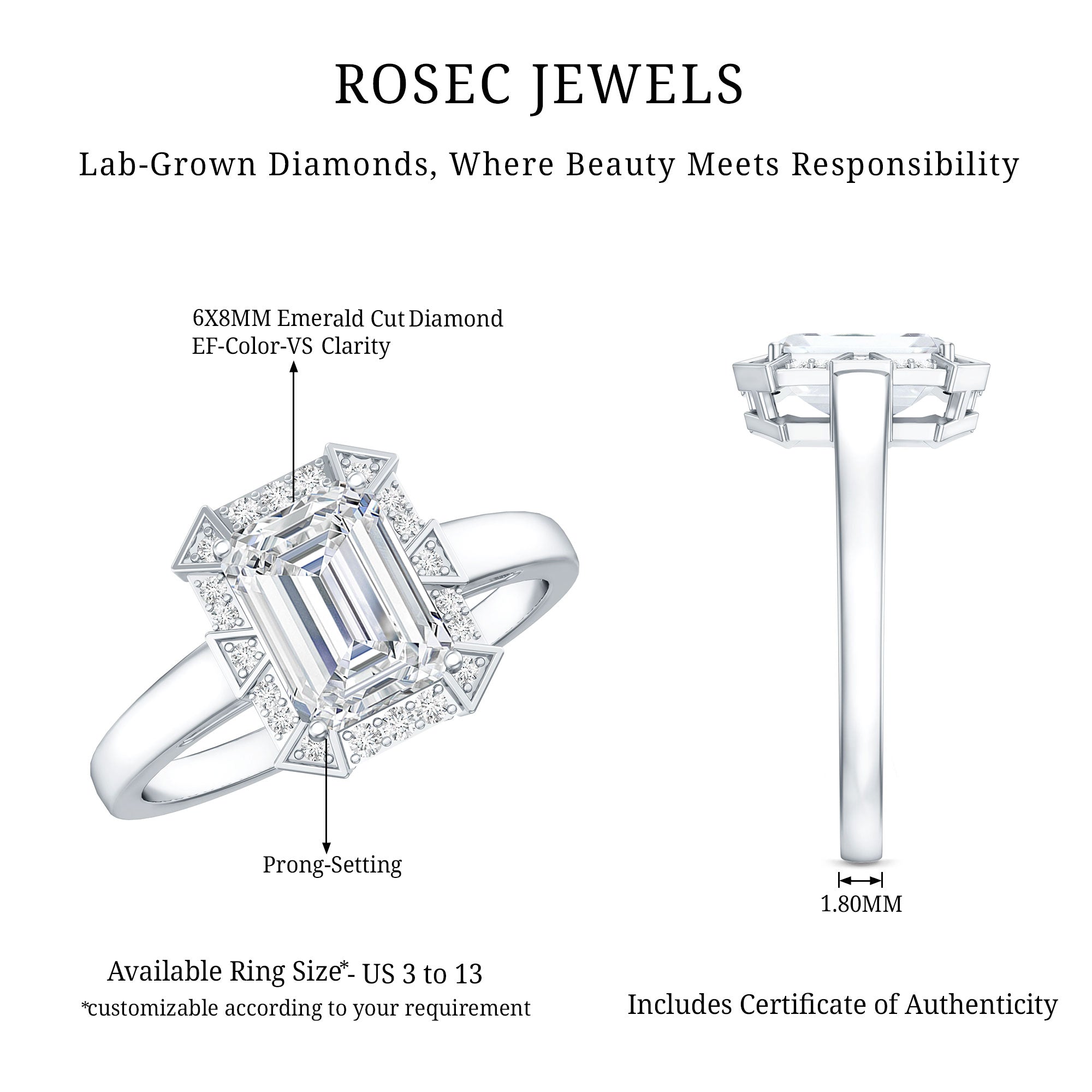 Certified 1 Carat Lab Grown Diamond Emerald Cut Engagement Ring Lab - ( EF-VS ) - Rosec Jewels