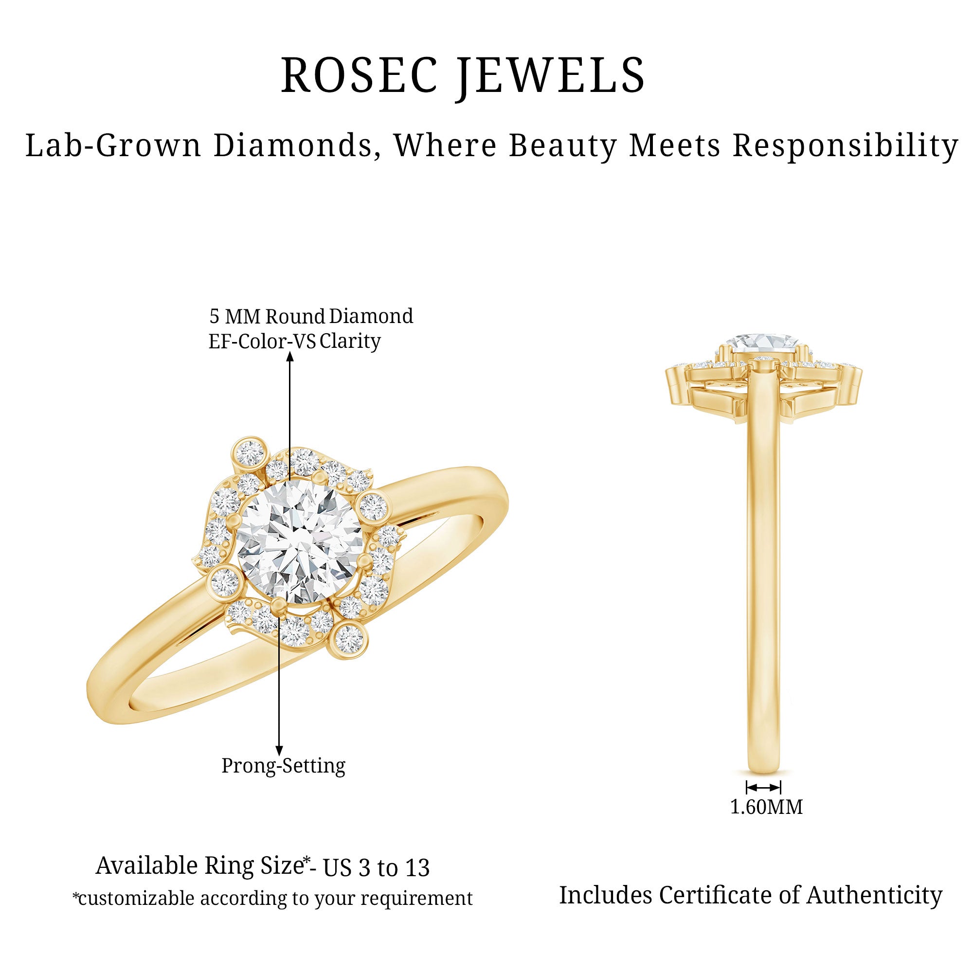 Certified 5 MM Lab Grown Diamond Unique Engagement Ring Lab - ( EF-VS ) - Rosec Jewels