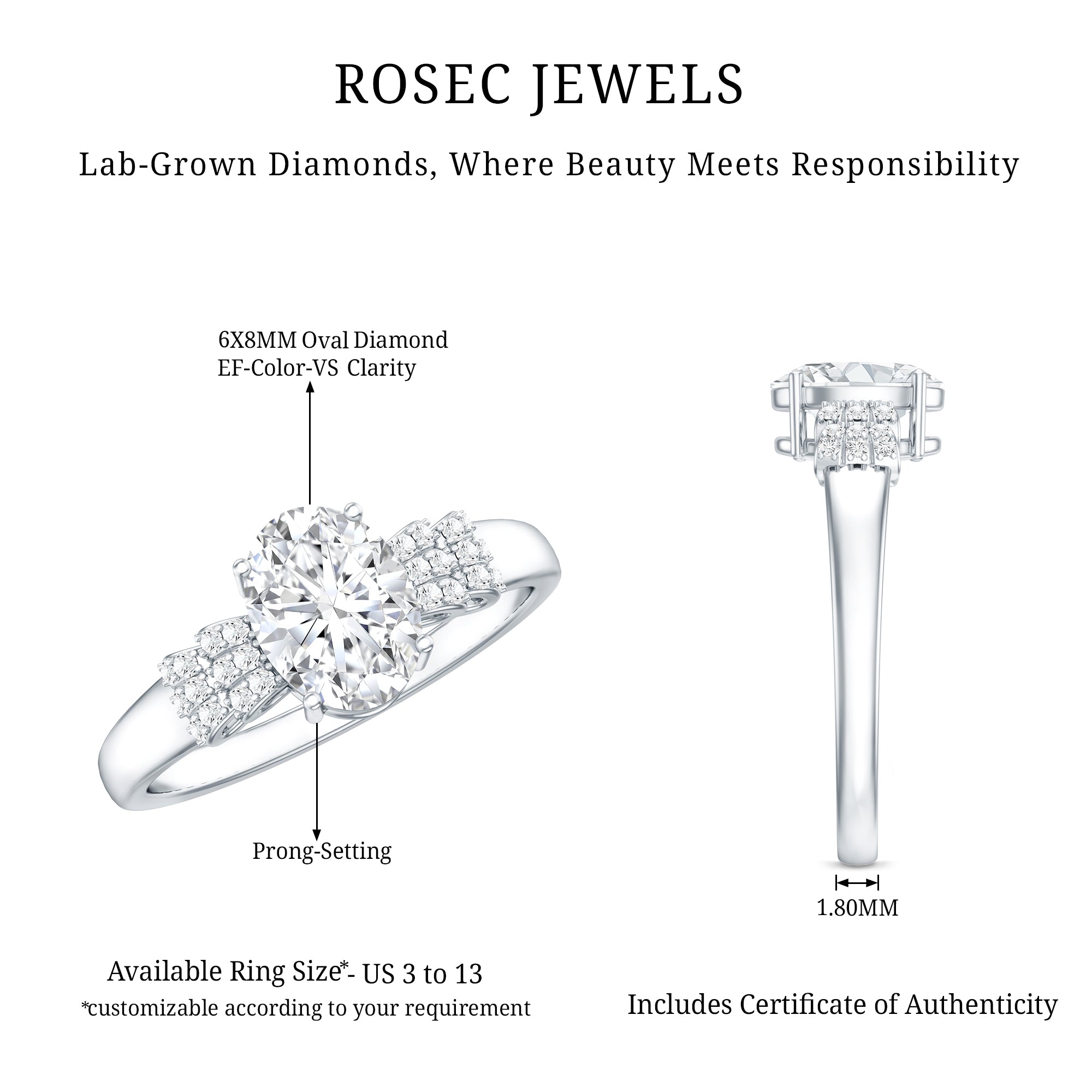 Certified 6X8 MM Oval Lab Grown Diamond Designer Engagement Ring Lab - ( EF-VS ) - Rosec Jewels