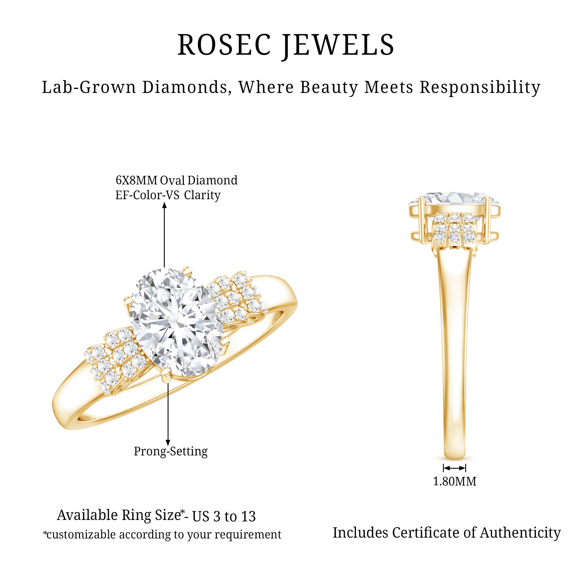Certified 6X8 MM Oval Lab Grown Diamond Designer Engagement Ring Lab - ( EF-VS ) - Rosec Jewels