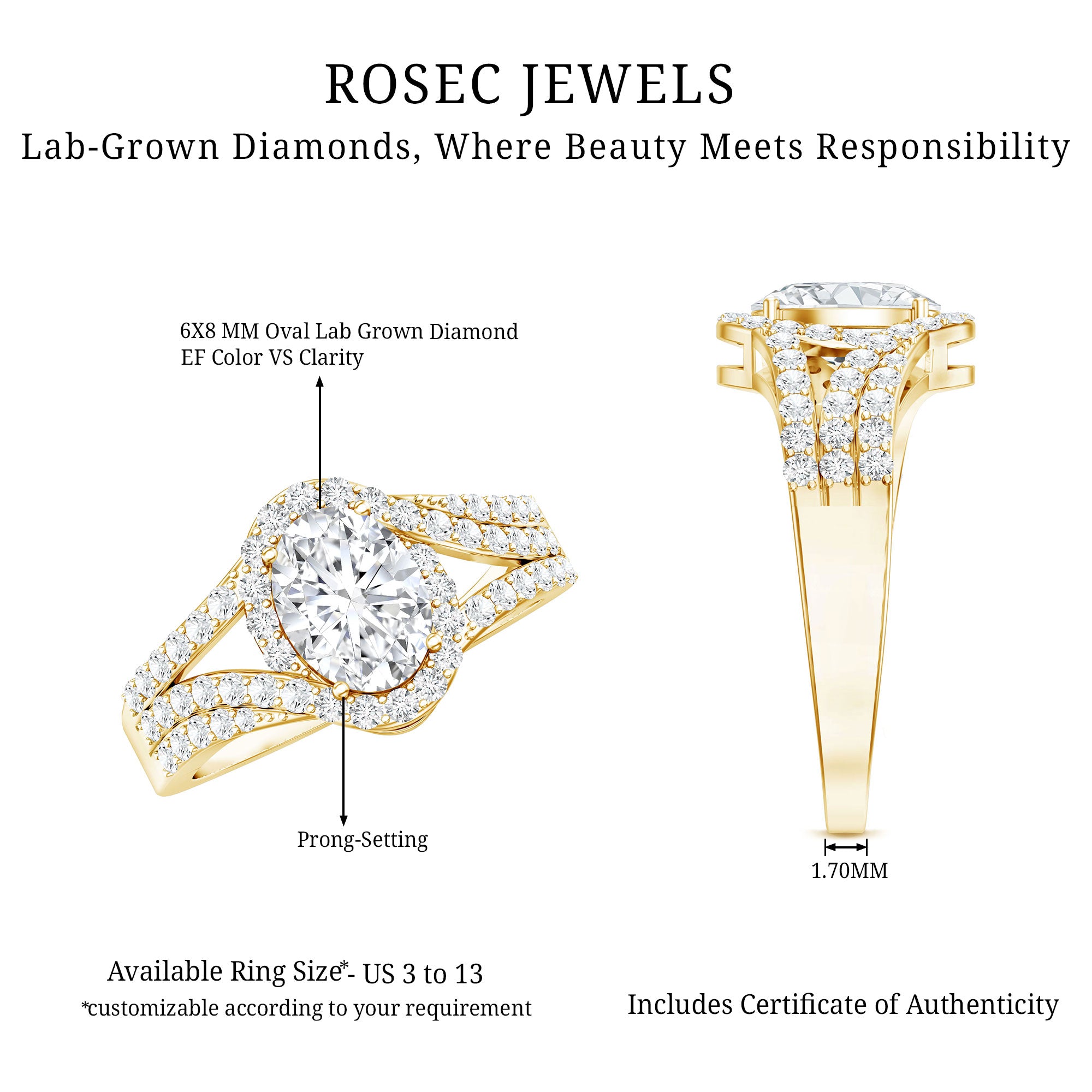 Certified 6X8 MM Oval Lab Grown Diamond Split Shank Engagement Ring Lab - ( EF-VS ) - Rosec Jewels