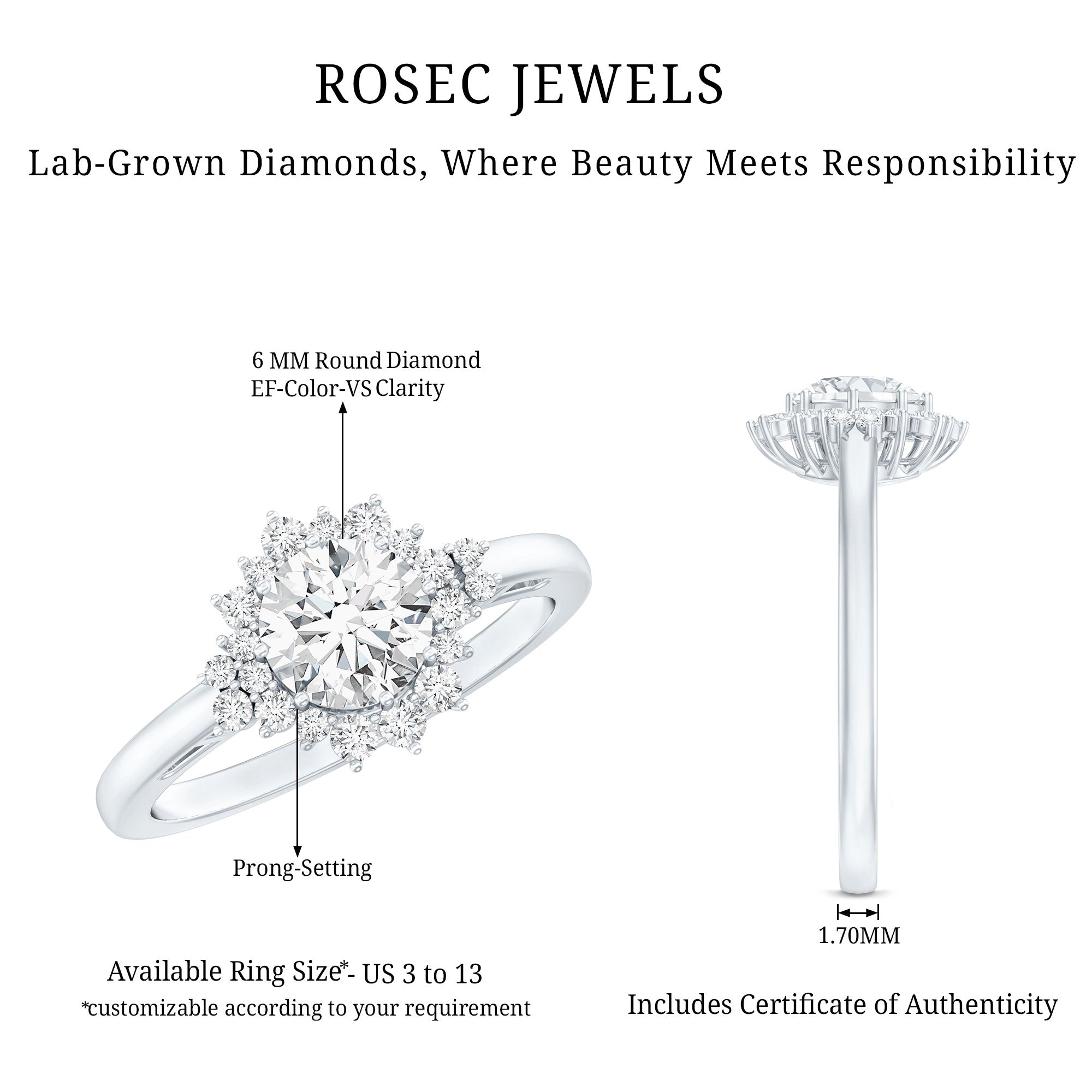 Rosec Jewels-Certified 1 Carat Lab Grown Diamond Halo Engagement Ring