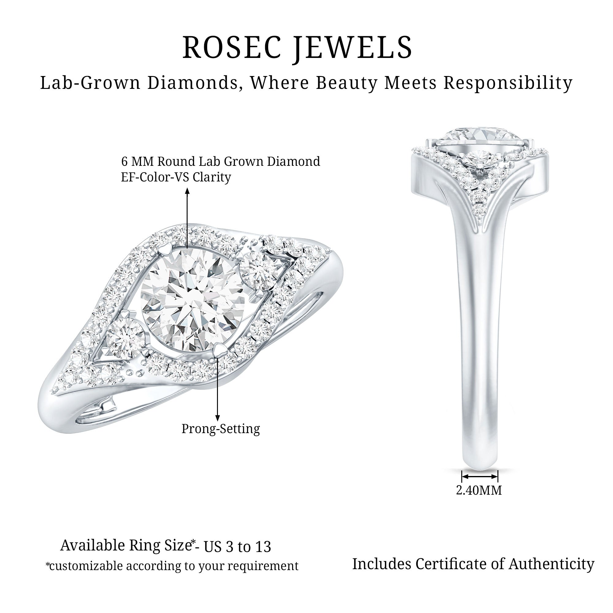 Rosec Jewels-Certified 6 MM Lab Grown Diamond Classic Engagement Ring