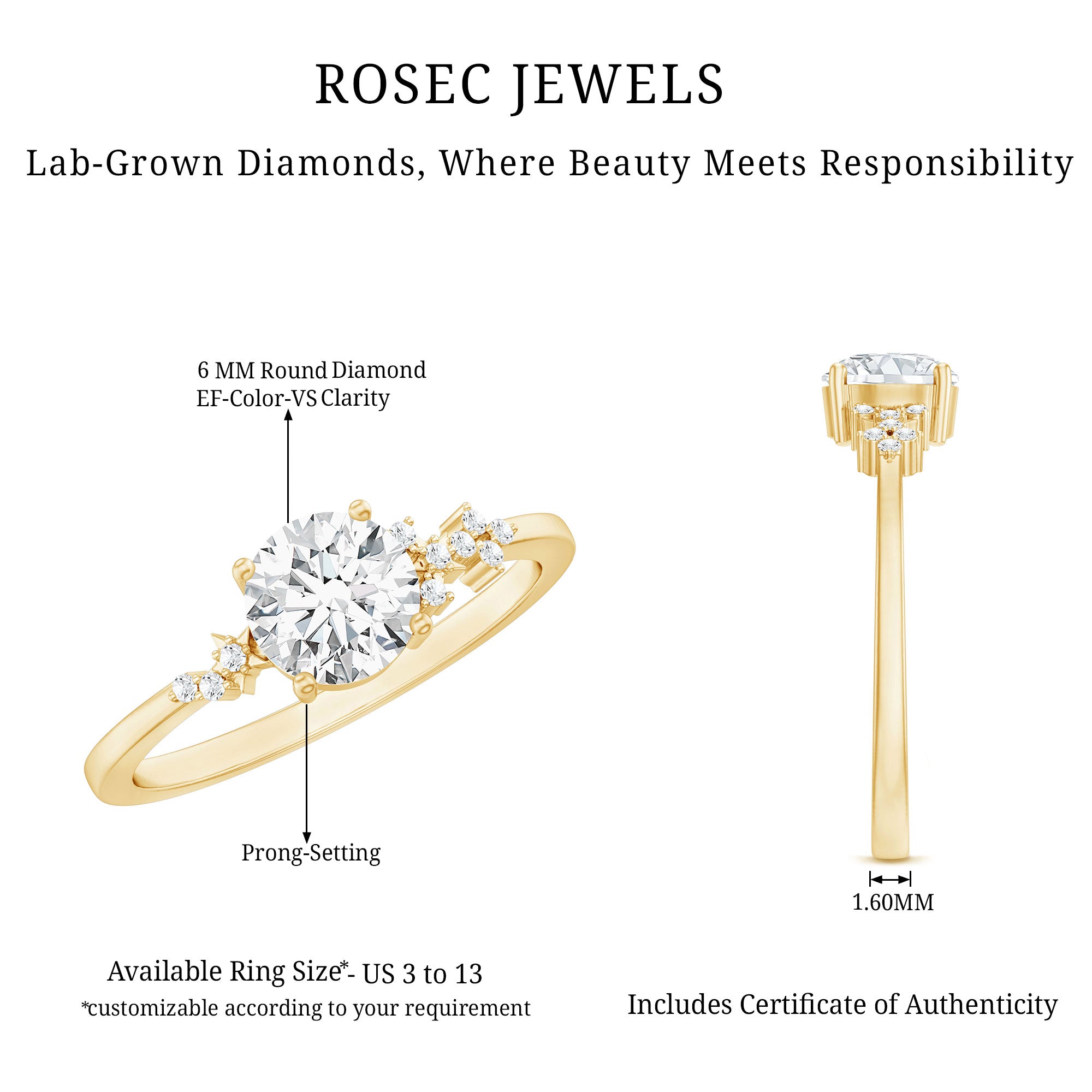 6 MM Lab Grown Diamond Solitaire Engagement Ring Lab - ( EF-VS ) - Rosec Jewels
