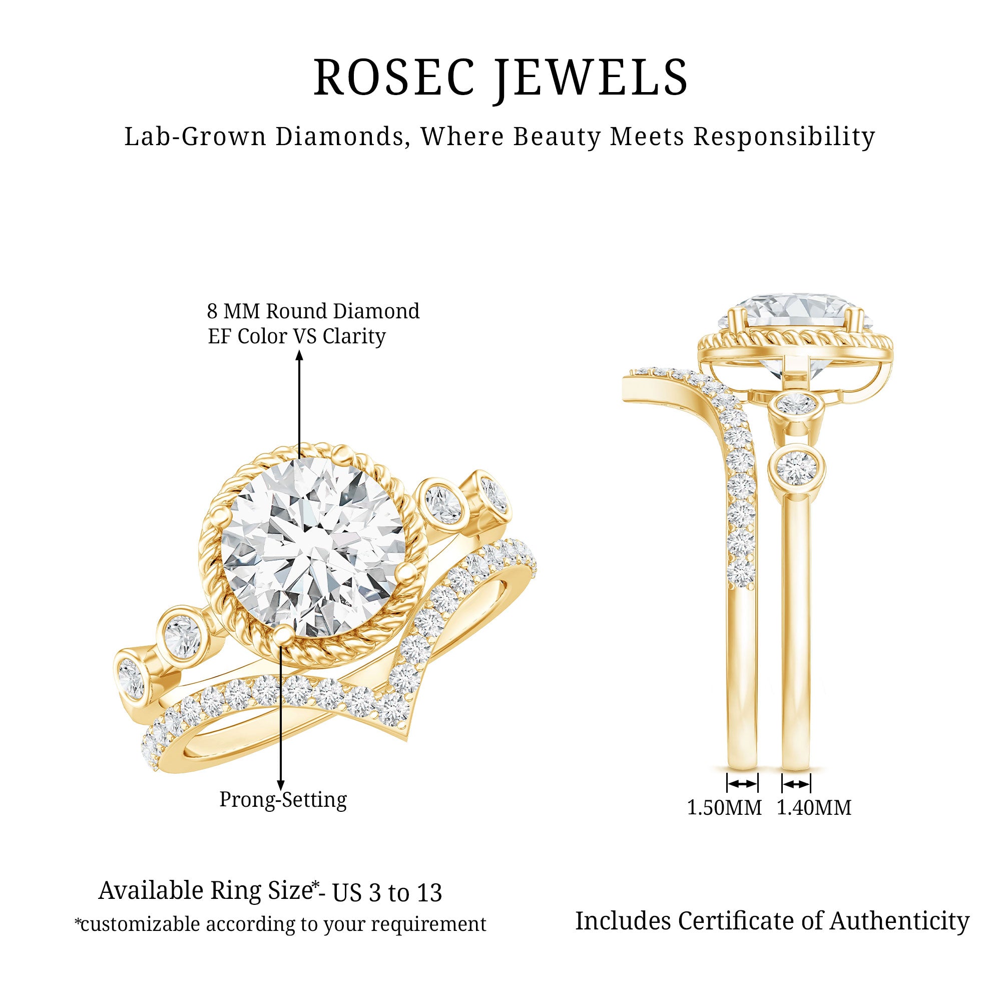 Certified Lab Grown Diamond Solitaire Bridal Ring Set With Enhancer Lab - ( EF-VS ) - Rosec Jewels