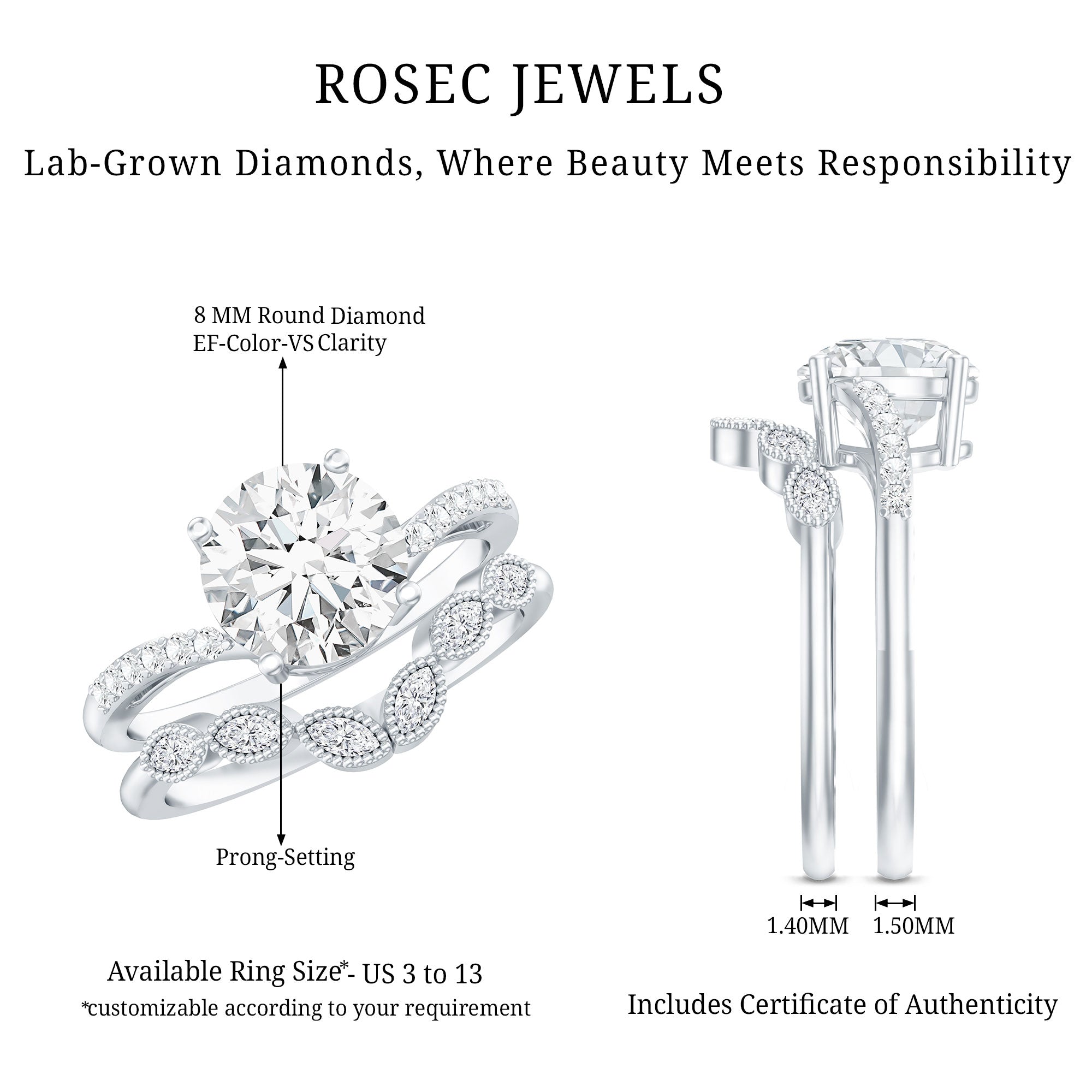 Rosec Jewels-Certified Lab Grown Diamond Engagement Ring With Ring Guard