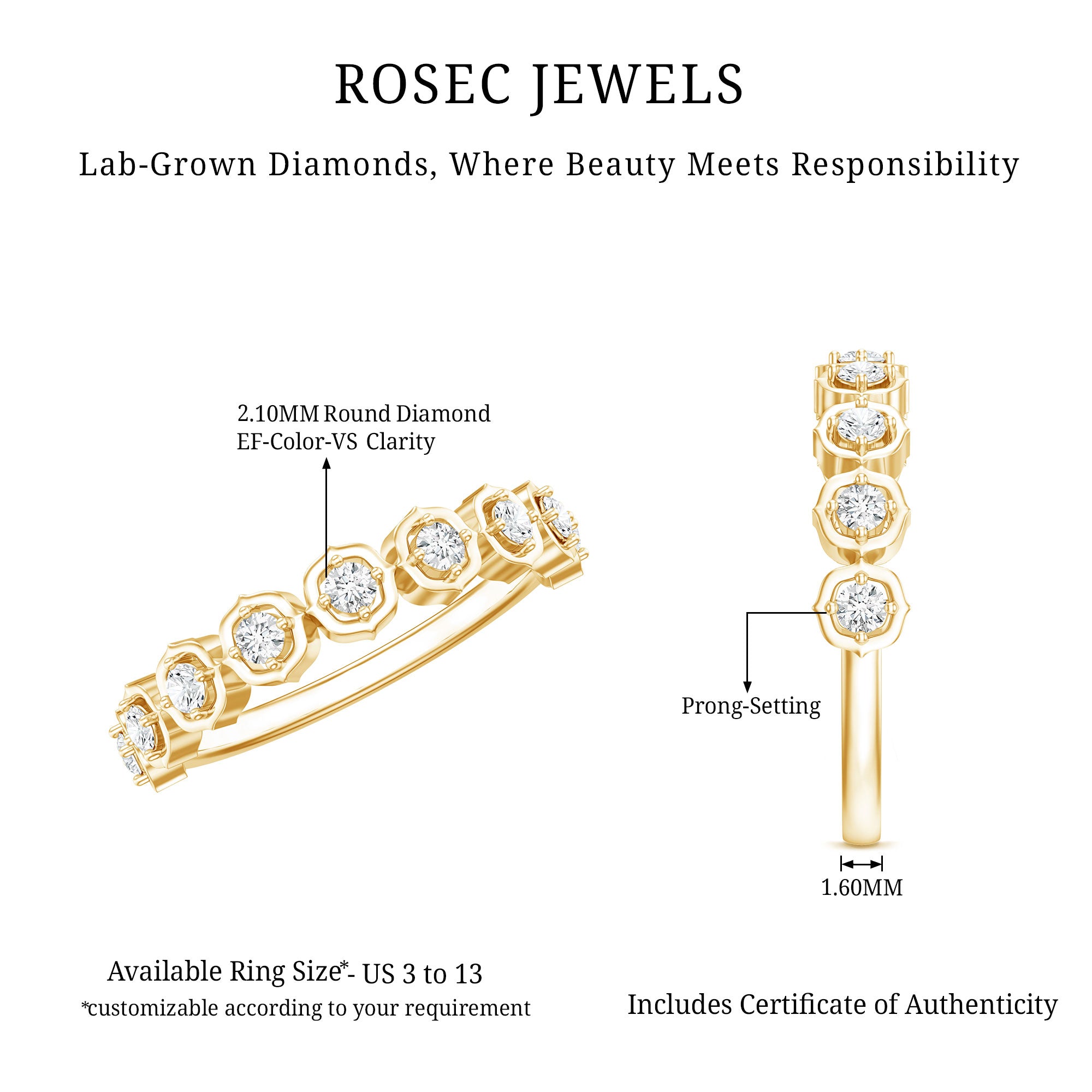 Certified Lab Grown Diamond Half Eternity Anniversary Ring Lab - ( EF-VS ) - Rosec Jewels