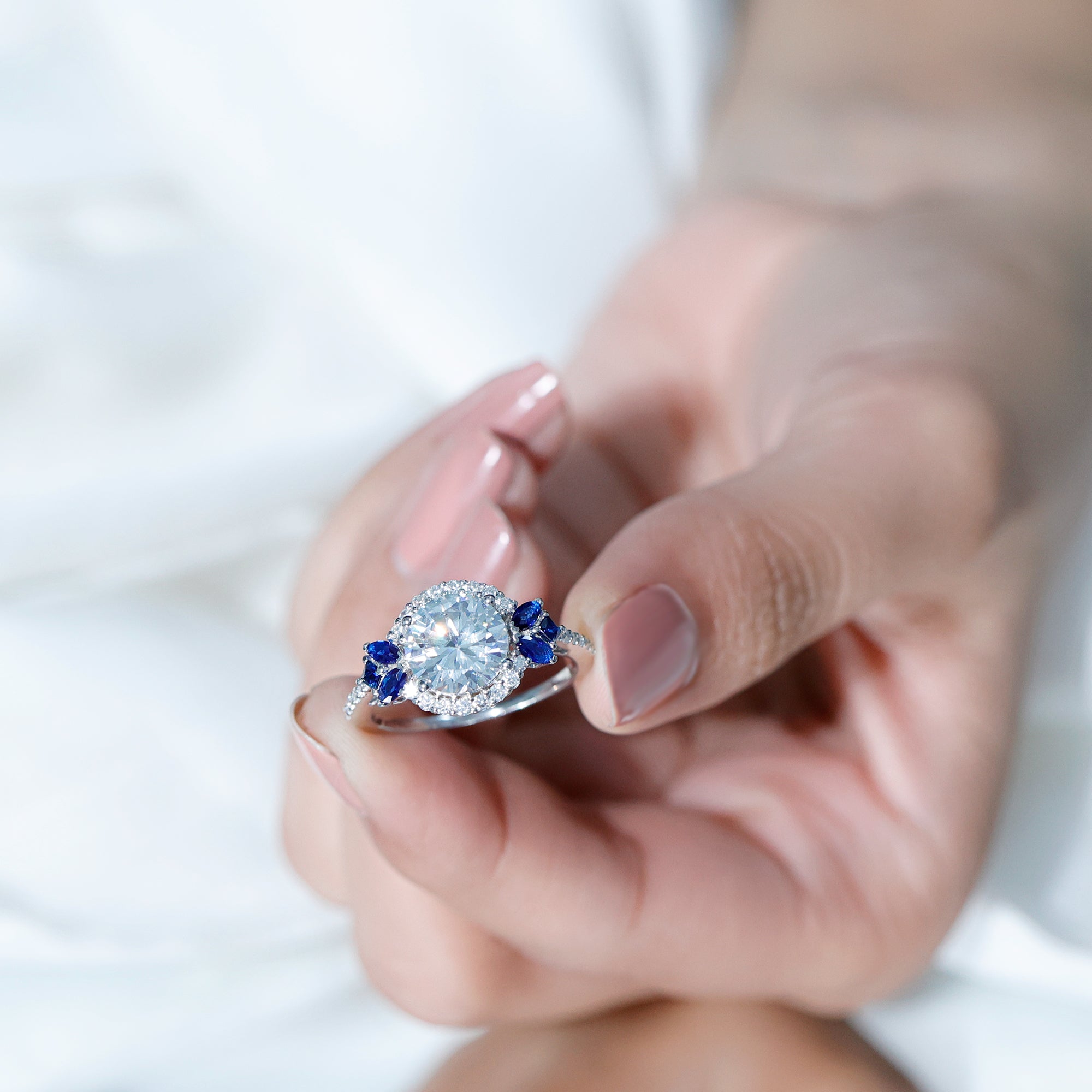 9 mm Lab Grown Diamond Halo Engagement Ring With Blue Sapphire Lab - ( EF-VS ) - Rosec Jewels