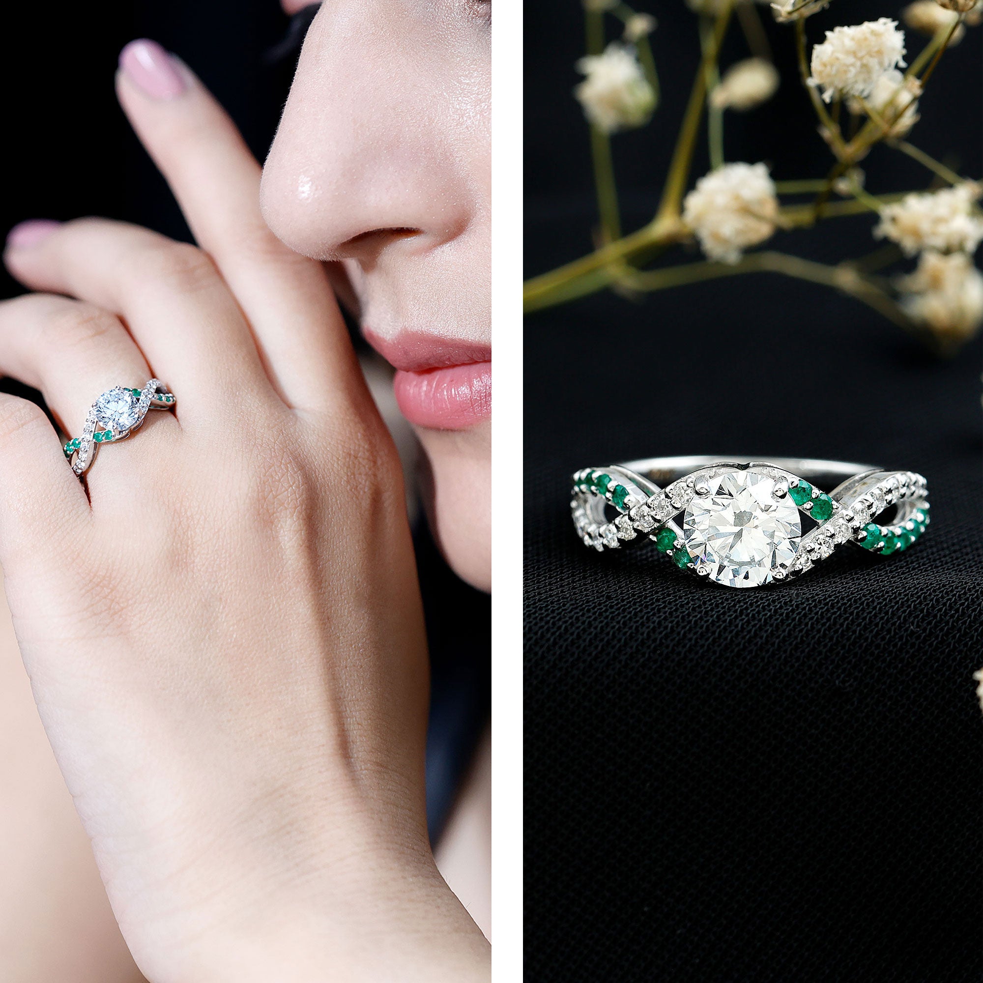 Rosec Jewels-Lab Grown Diamond Crossover Engagement Ring with Emerald