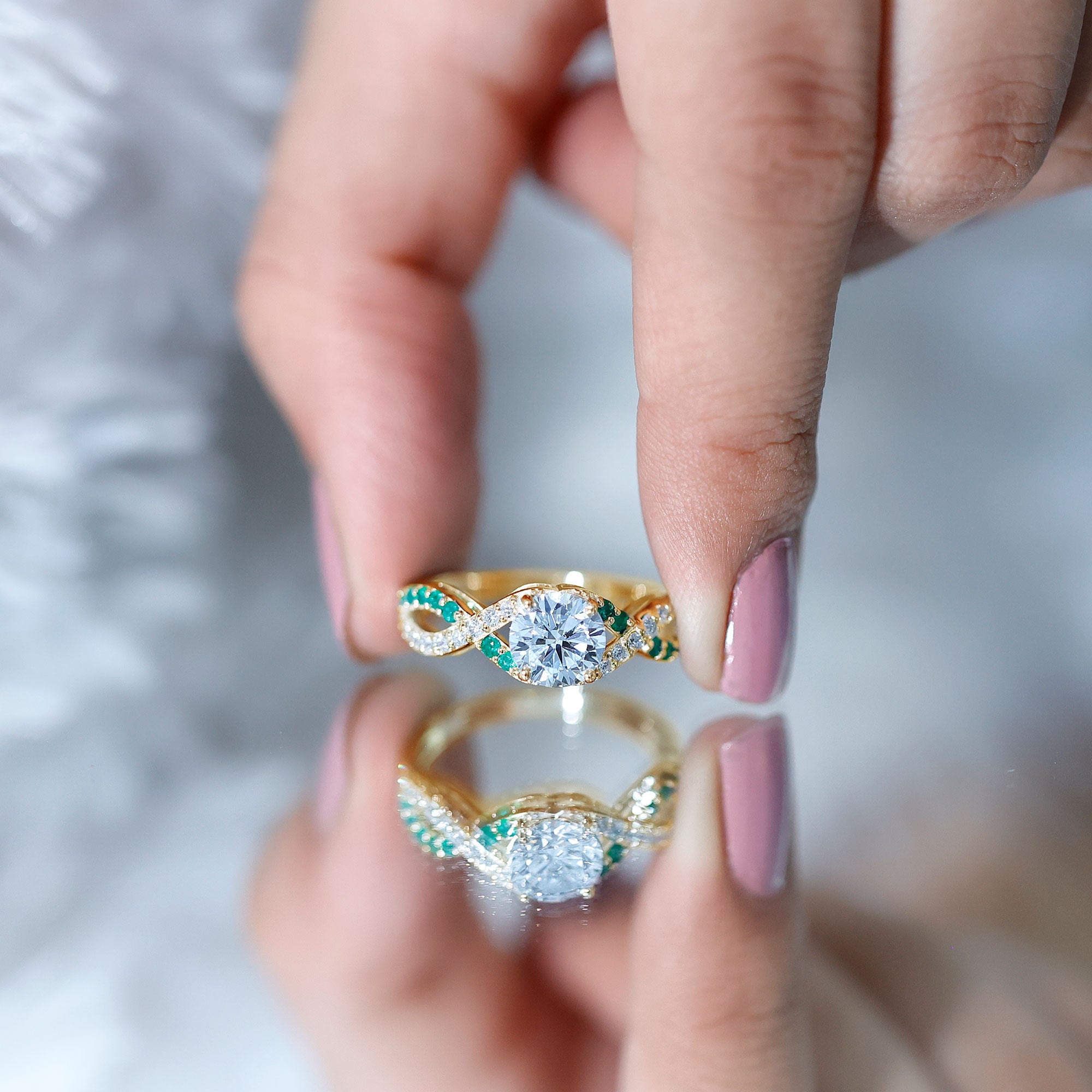 Rosec Jewels-Lab Grown Diamond Crossover Engagement Ring with Emerald