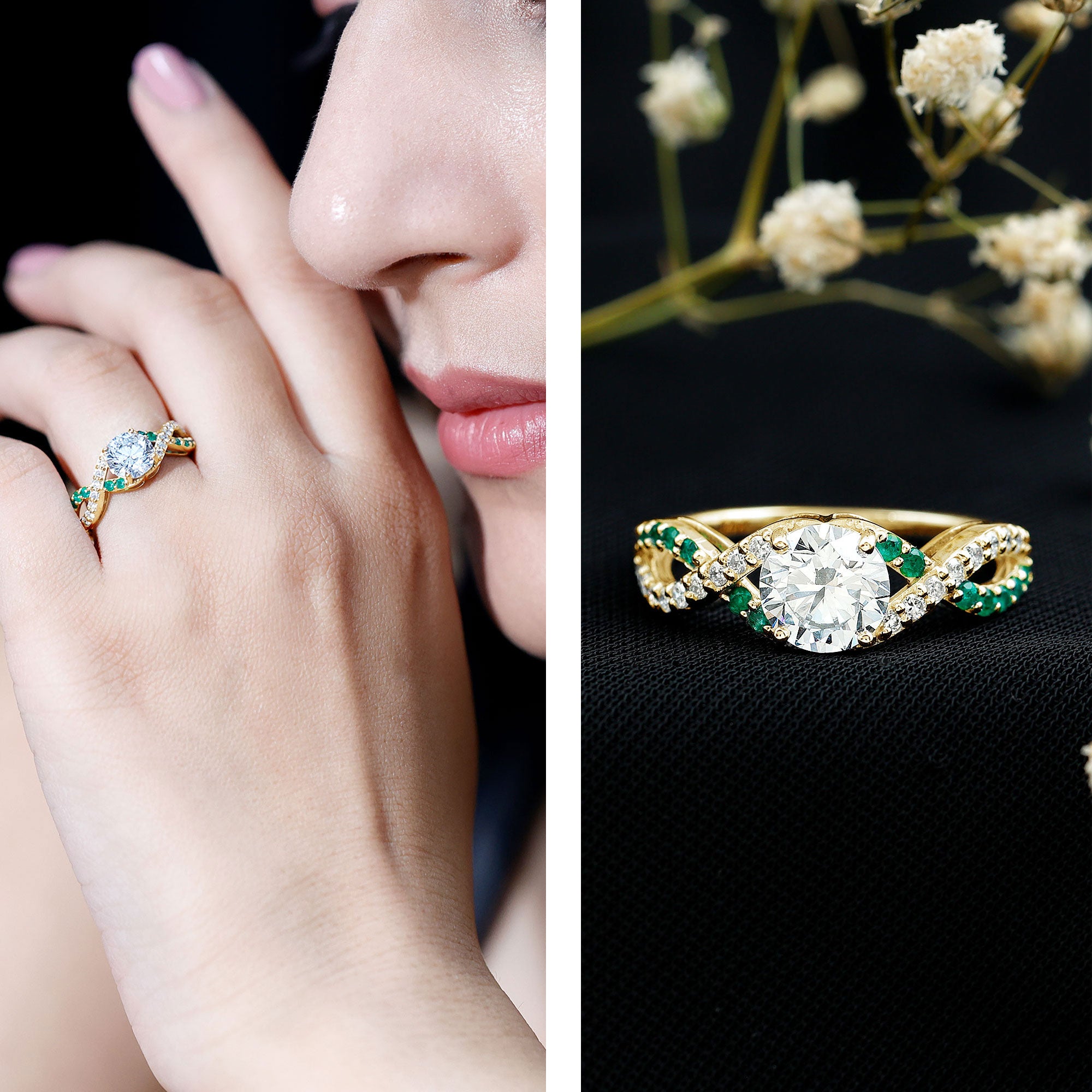 Rosec Jewels-Lab Grown Diamond Crossover Engagement Ring with Emerald