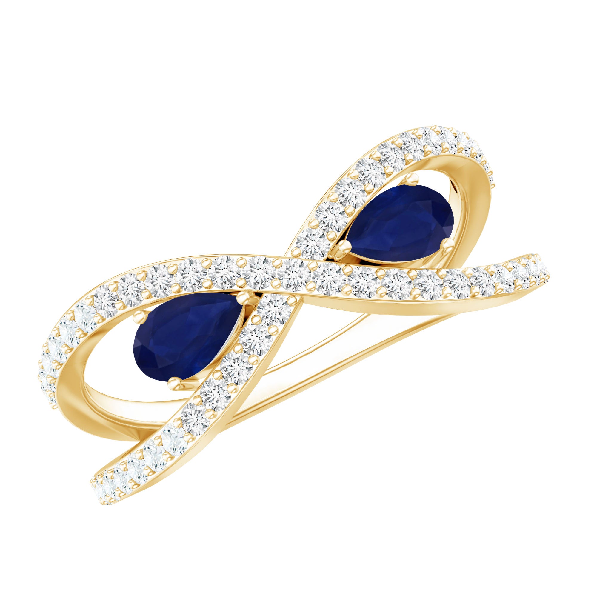 Real Pear Shape Blue Sapphire 2 Stone Engagement Ring with Diamond AAA - Rosec Jewels