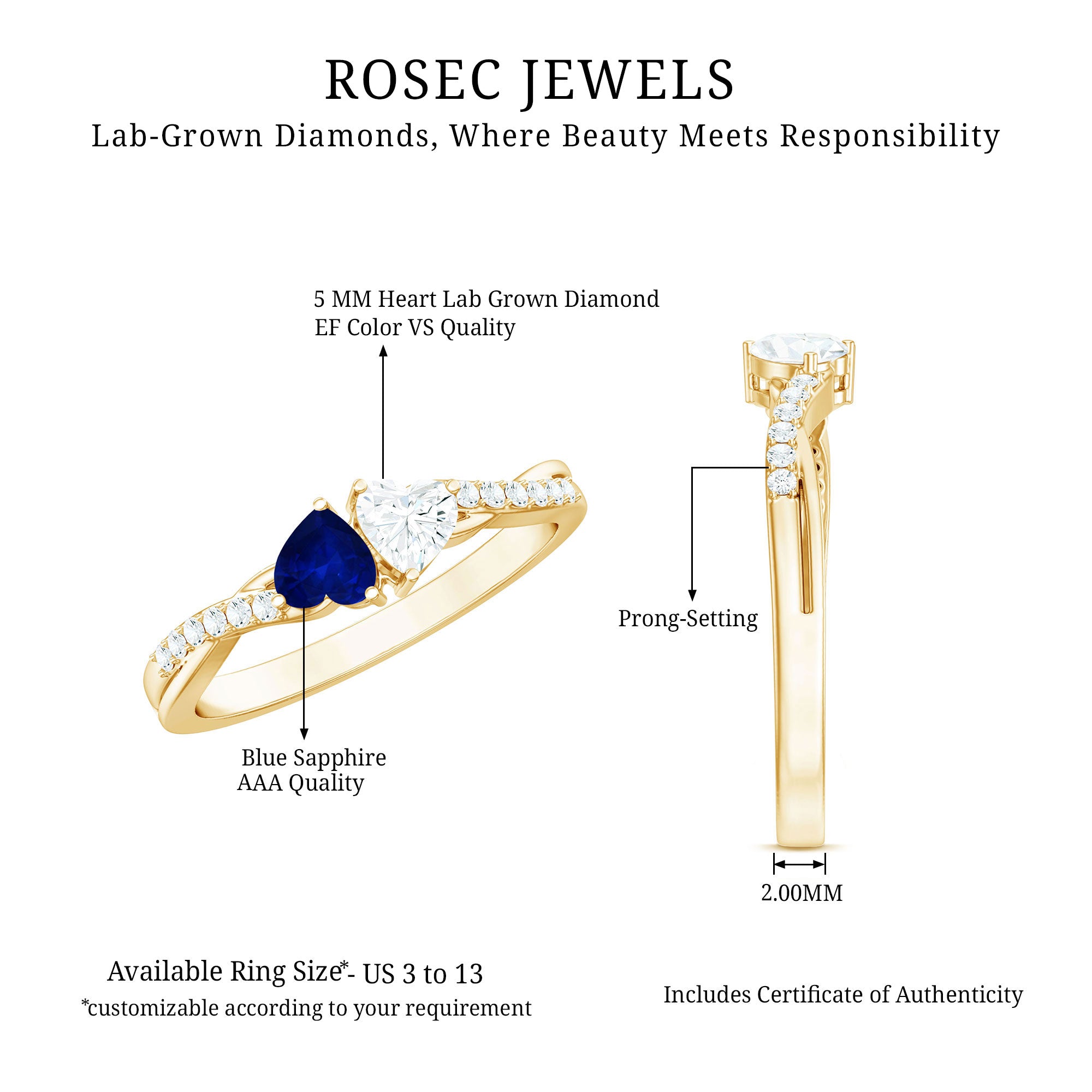 Natural Heart Shape Blue Sapphire Diamond 2 Stone Promise Ring AAA - Rosec Jewels
