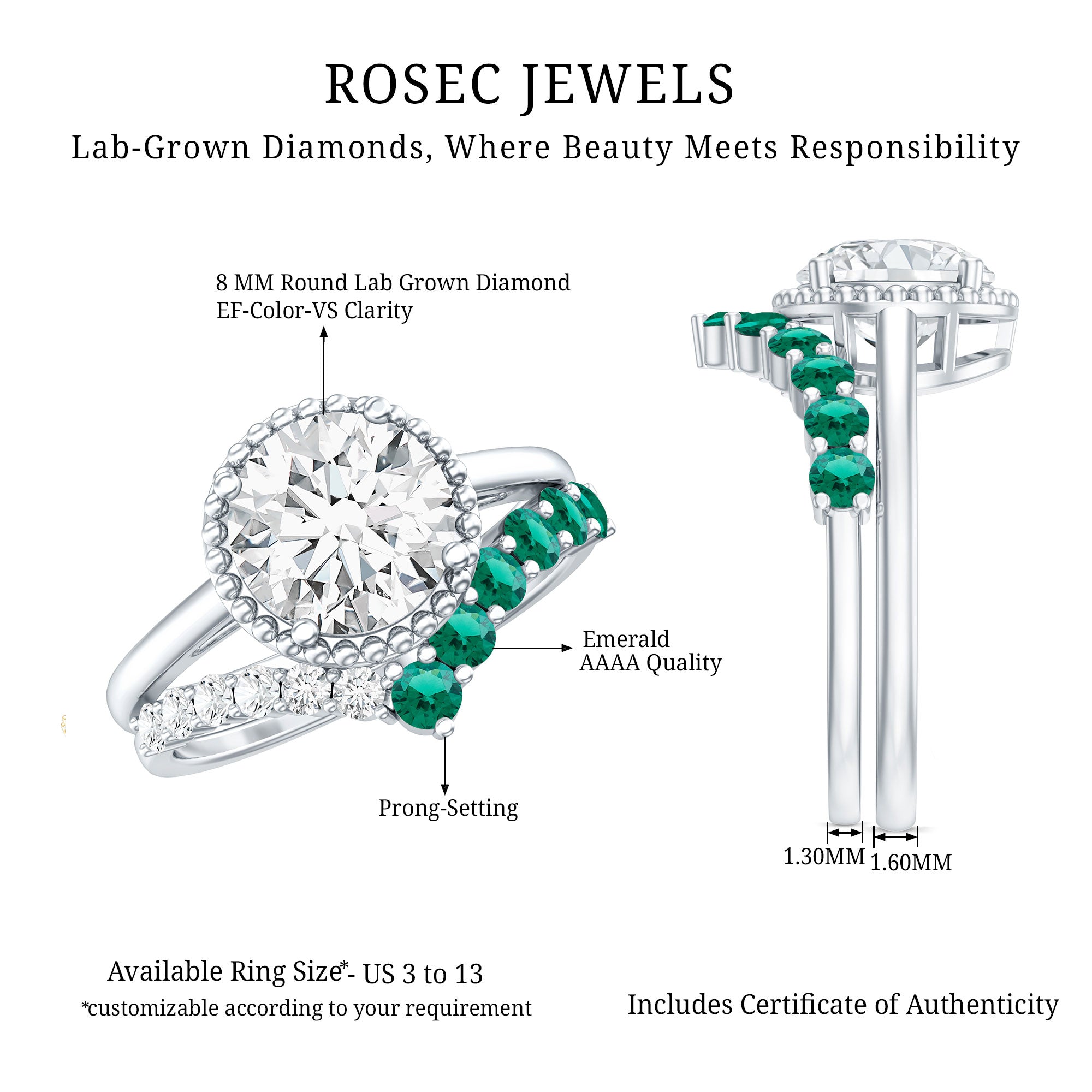 Certified Lab Grown Diamond 8 MM Engagement Ring With Emerald Enhancer Lab - ( EF-VS ) - Rosec Jewels