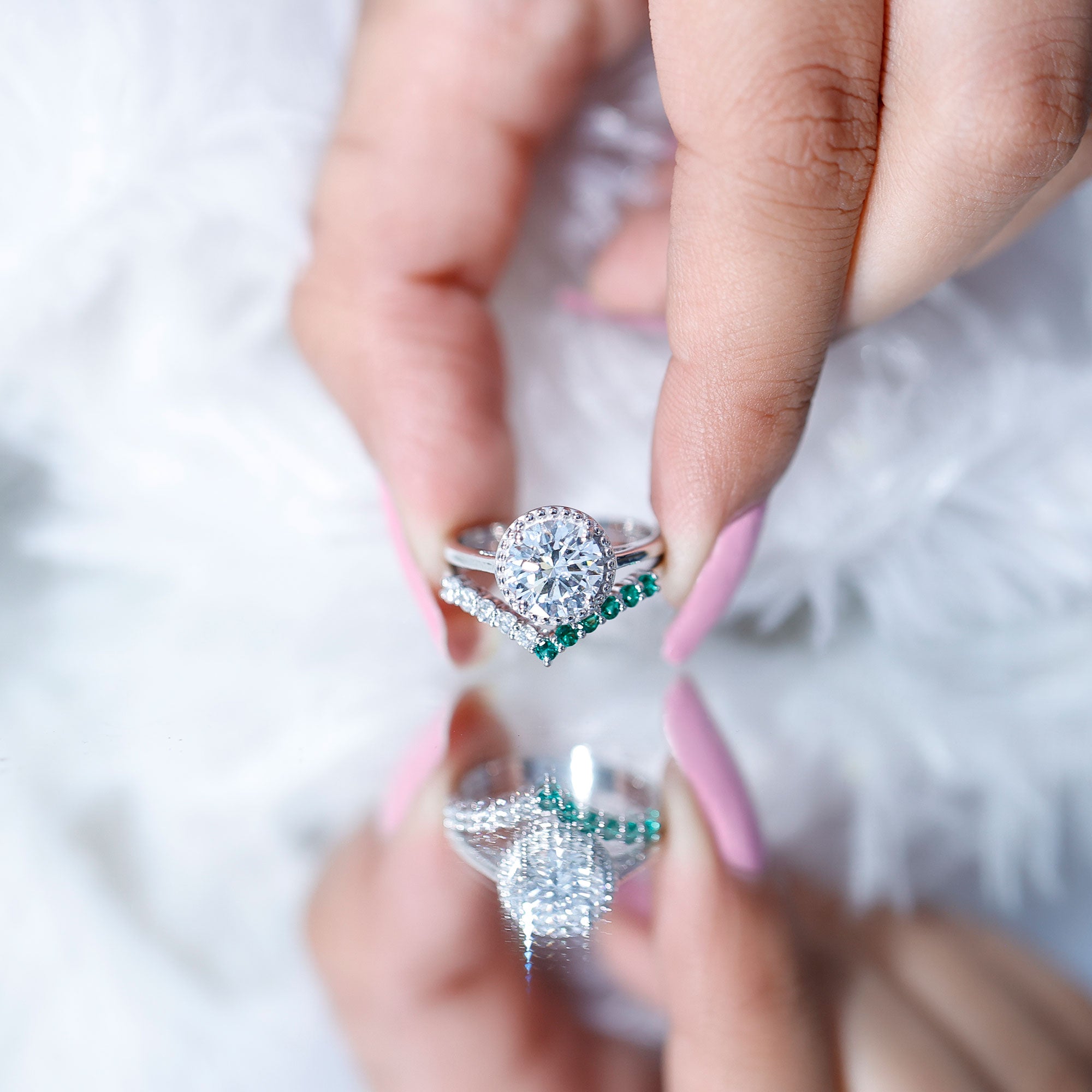 Certified Lab Grown Diamond 8 MM Engagement Ring With Emerald Enhancer Lab - ( EF-VS ) - Rosec Jewels