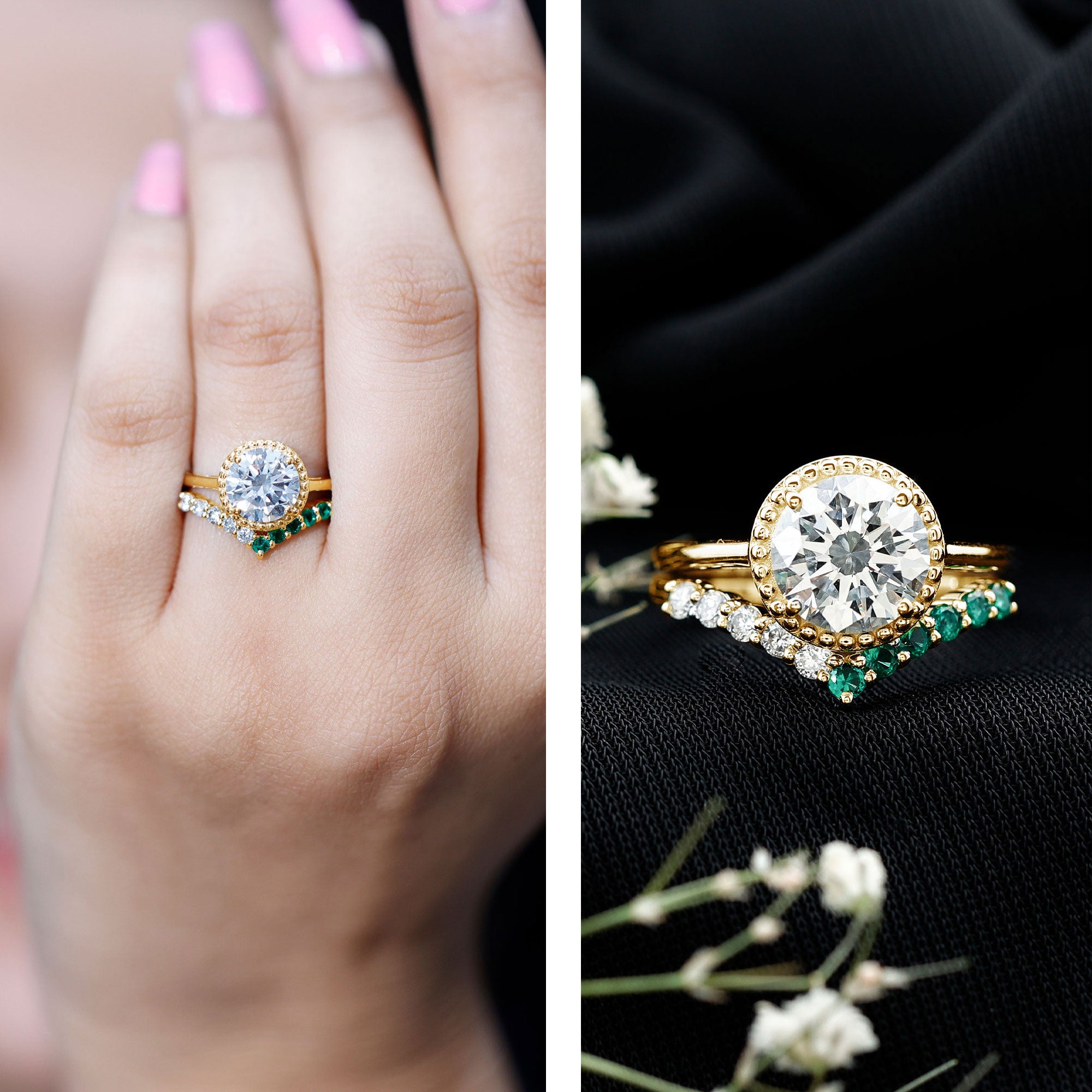 Certified Lab Grown Diamond 8 MM Engagement Ring With Emerald Enhancer Lab - ( EF-VS ) - Rosec Jewels