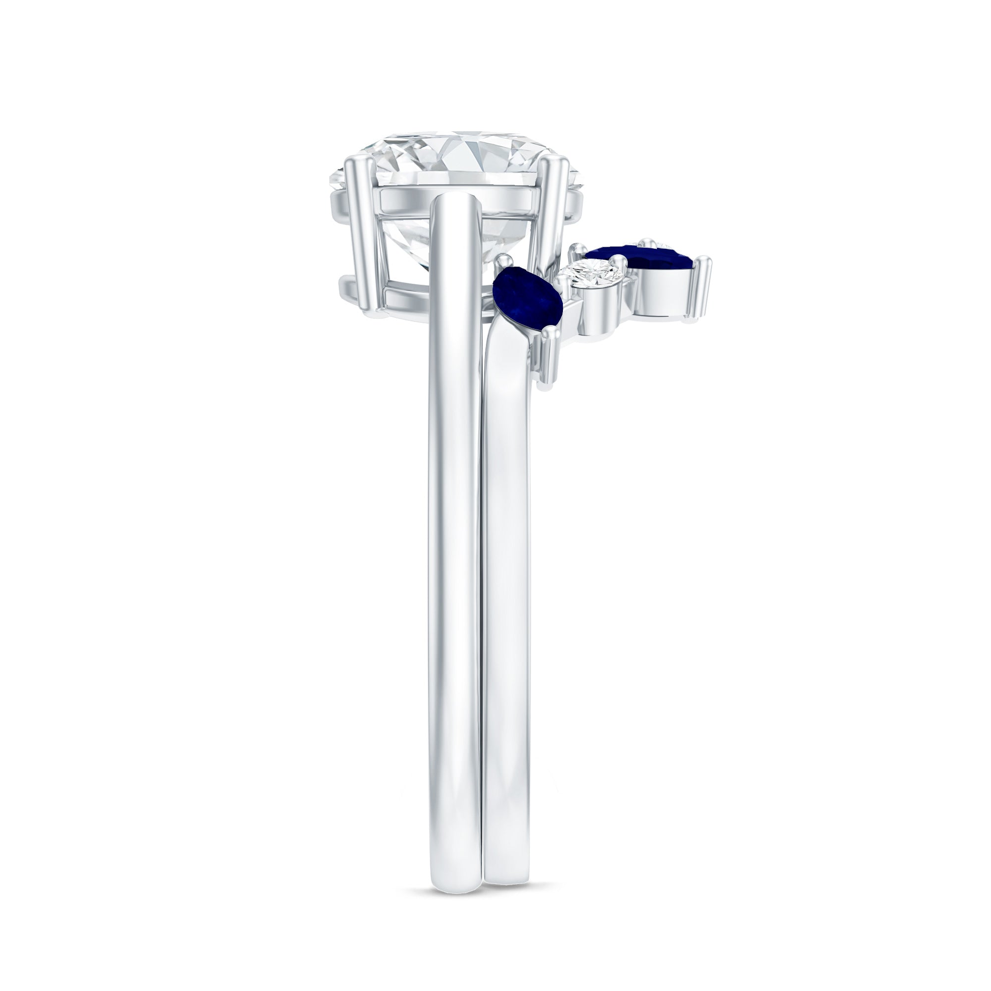 Certified Lab Grown Diamond Designer Engagement Ring Set With Sapphire Lab - ( EF-VS ) - Rosec Jewels