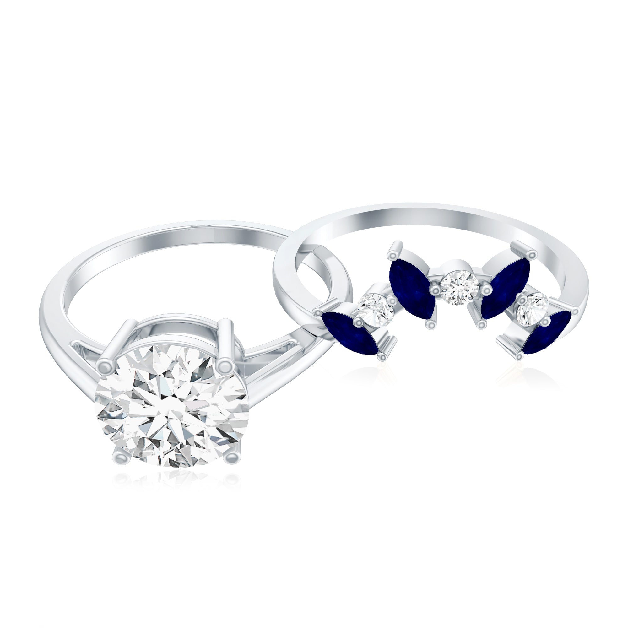 Certified Lab Grown Diamond Designer Engagement Ring Set With Sapphire Lab - ( EF-VS ) - Rosec Jewels