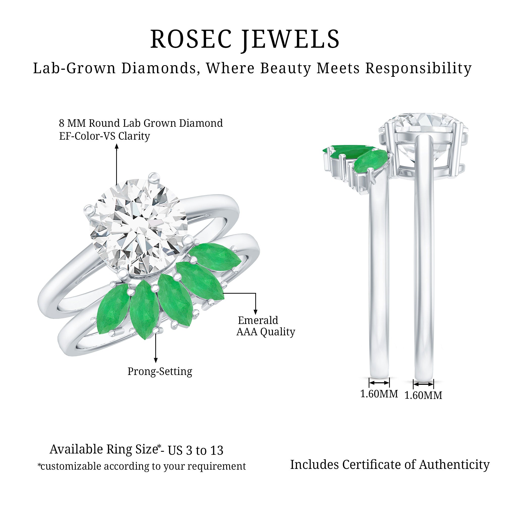 Certified 8 MM Lab Grown Diamond Engagement Ring With Emerald Wedding Band Lab - ( EF-VS ) - Rosec Jewels