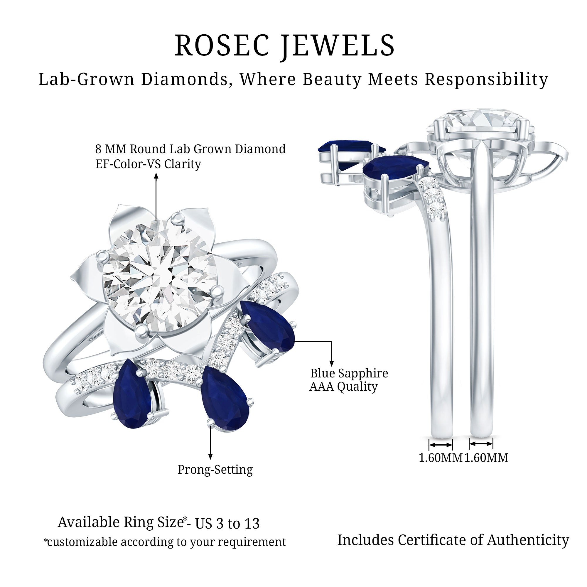 Certified Lab 2 Carat Diamond Engagement Ring With Blue Sapphire Enhancer Lab - ( EF-VS ) - Rosec Jewels