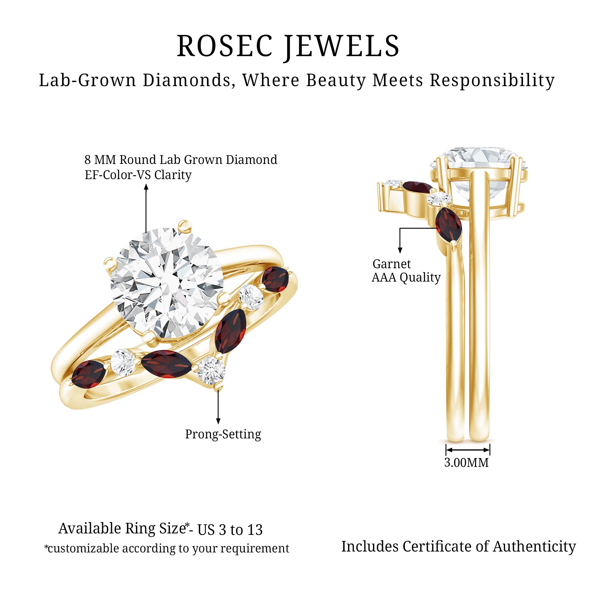 Certified 8 MM Lab Grown Diamond Bridal Ring Set With Garnet Enhancer Lab - ( EF-VS ) - Rosec Jewels