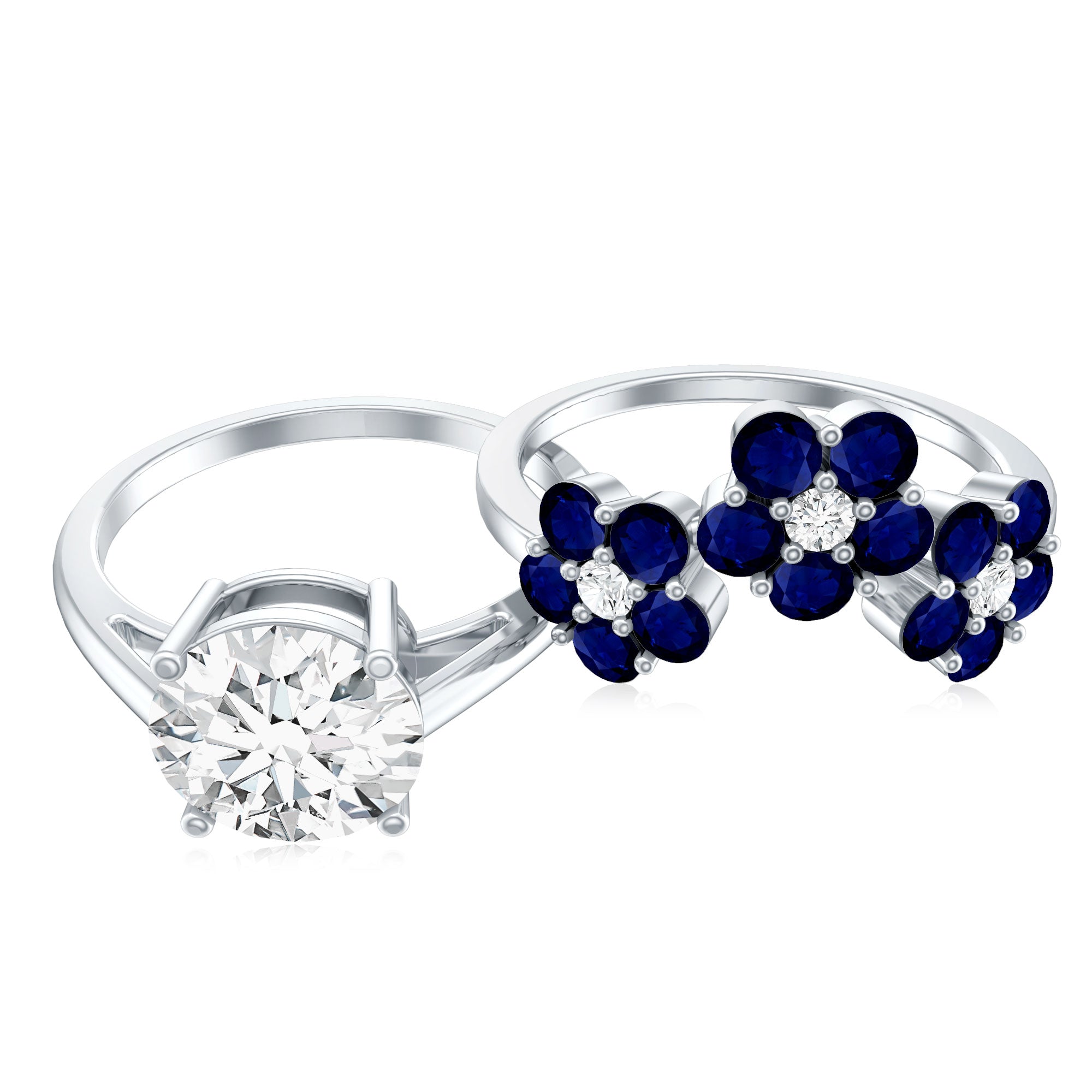 Certified Lab 8 MM Diamond Engagement Ring With Sapphire Wedding Band Lab - ( EF-VS ) - Rosec Jewels