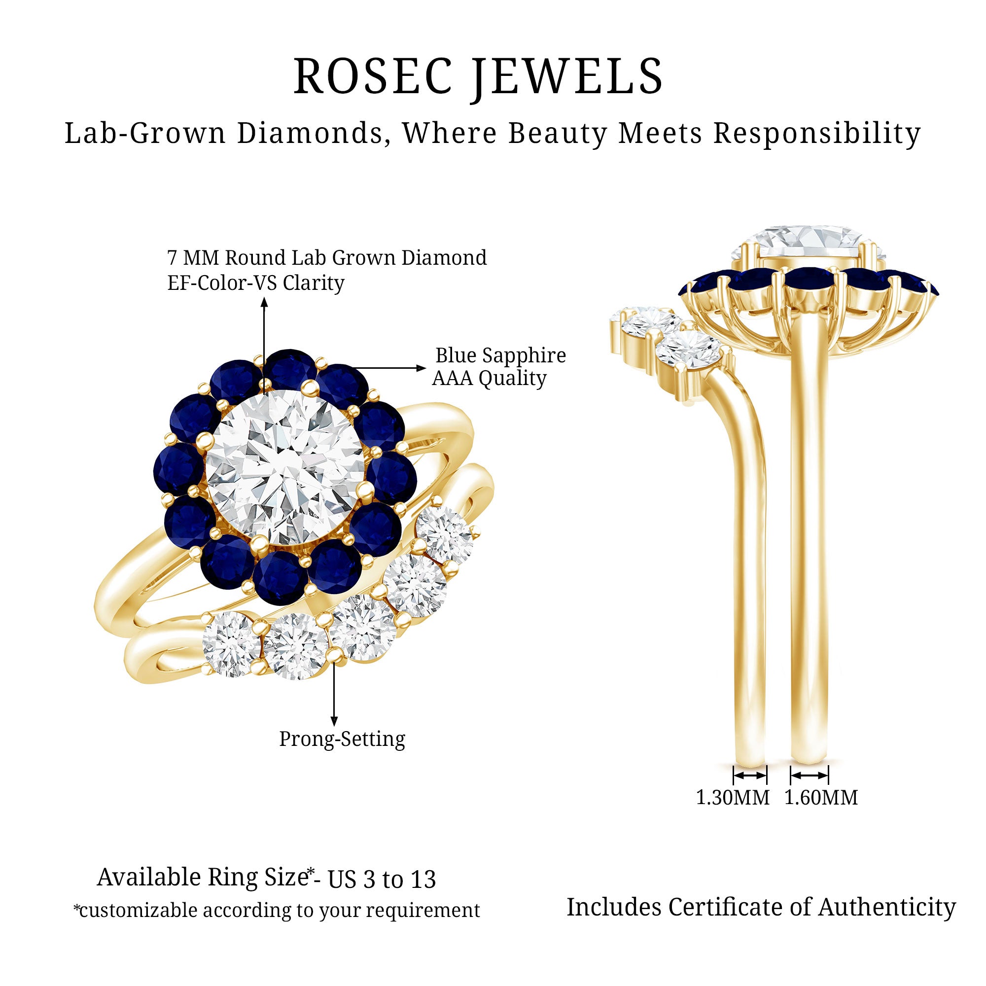 Certified 7 MM Lab Grown Diamond Engagement Ring with Enhancer Lab - ( EF-VS ) - Rosec Jewels
