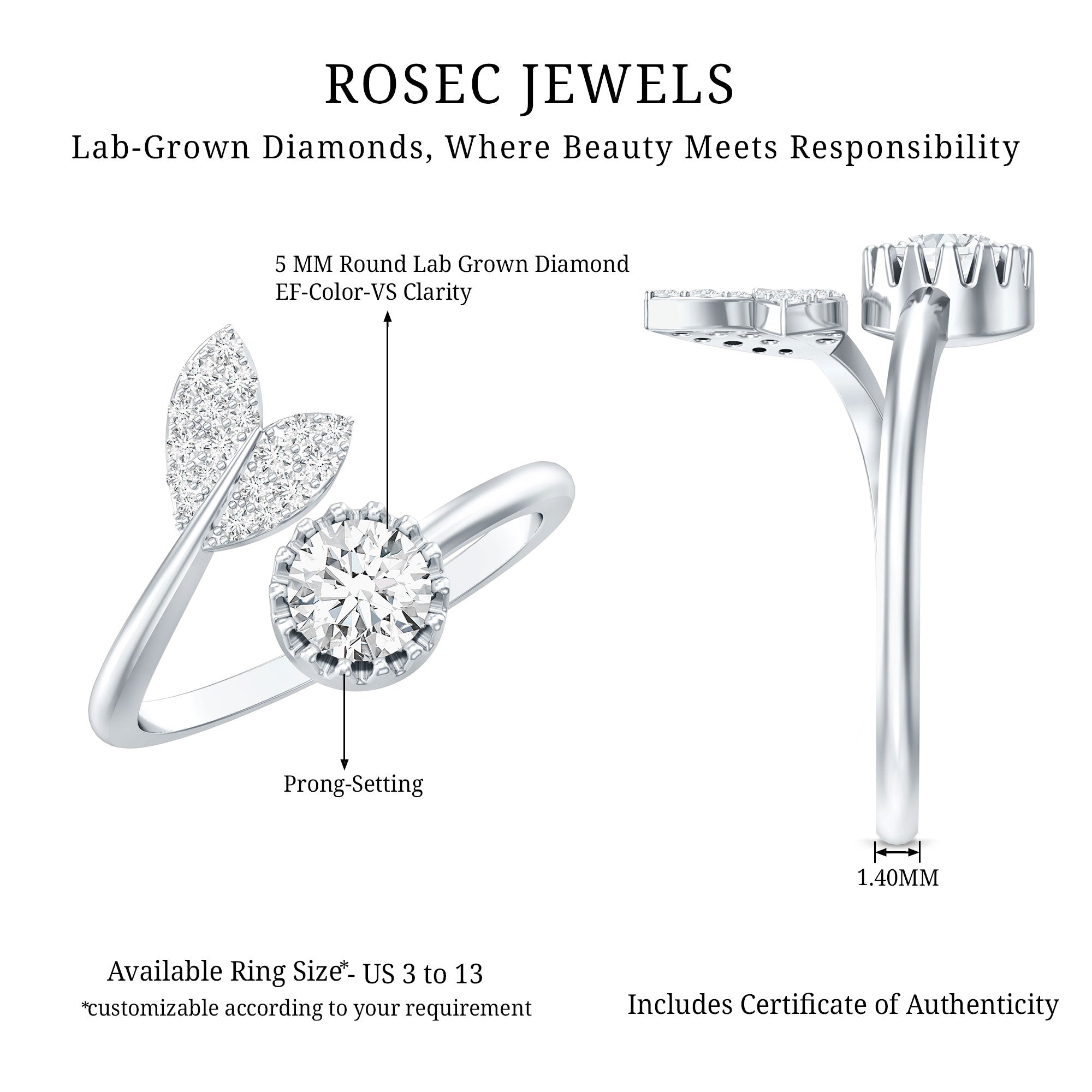Certified 5 MM Round Lab Grown Diamond Tail Cuff Ring Lab - ( EF-VS ) - Rosec Jewels